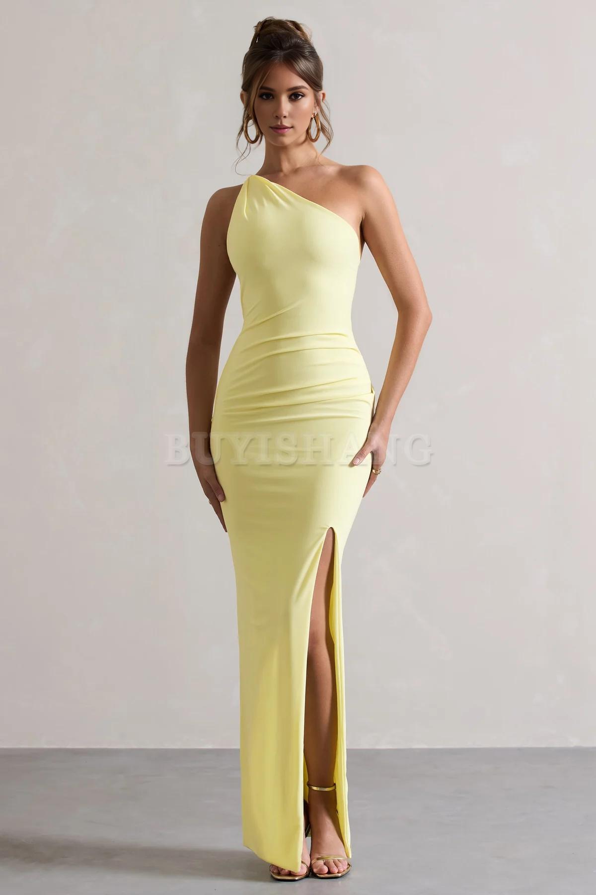 Buyishang Simple one shoulder backless high slit long skirt with asymmetrical neckline waist cinching and backless details