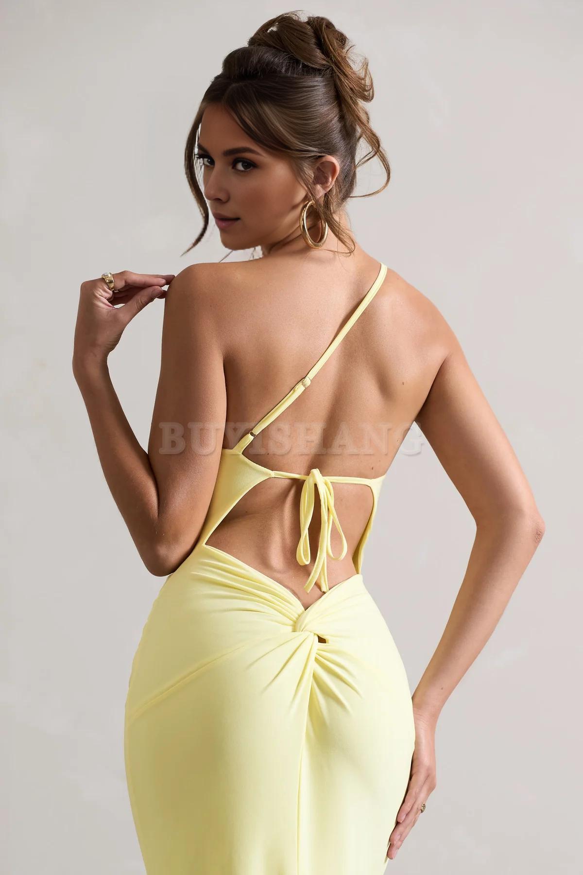 Buyishang Simple one shoulder backless high slit long skirt with asymmetrical neckline waist cinching and backless details