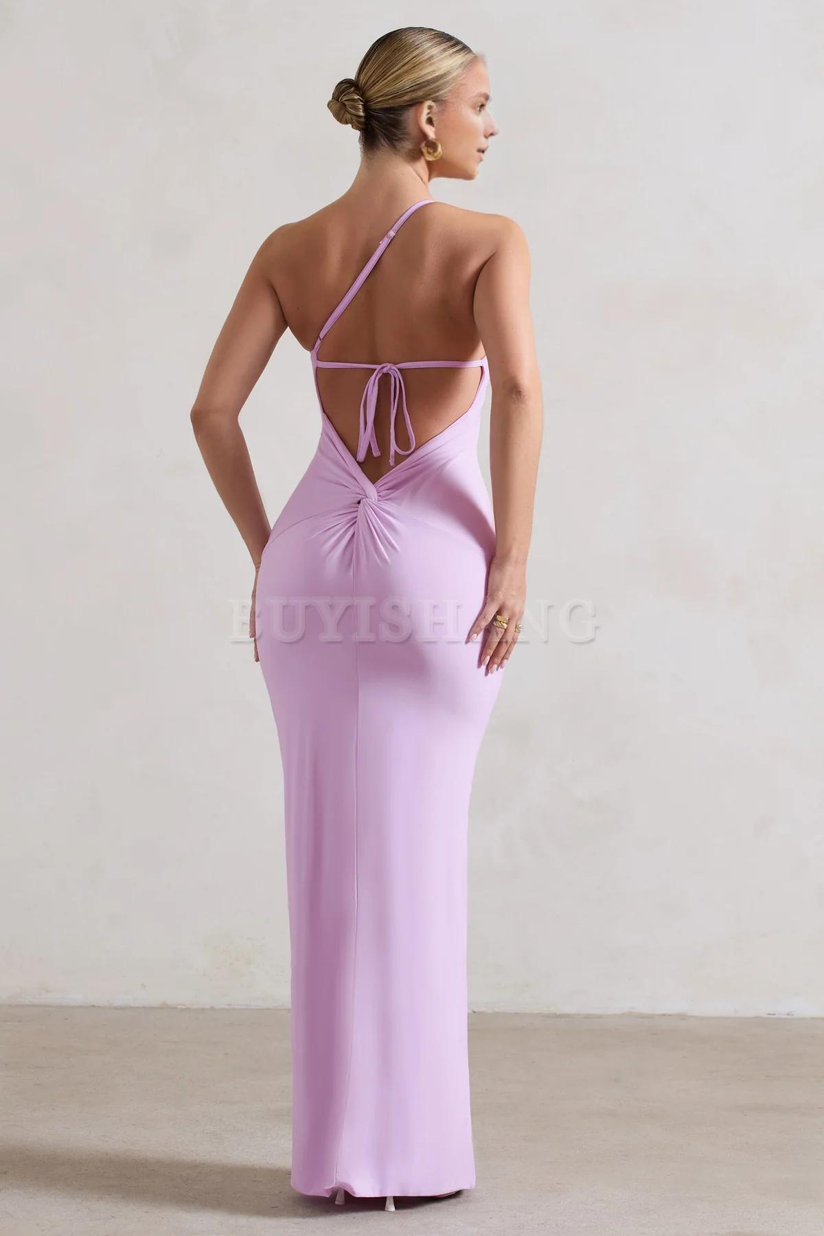 Buyishang Simple one shoulder backless high slit long skirt with asymmetrical neckline waist cinching and backless details