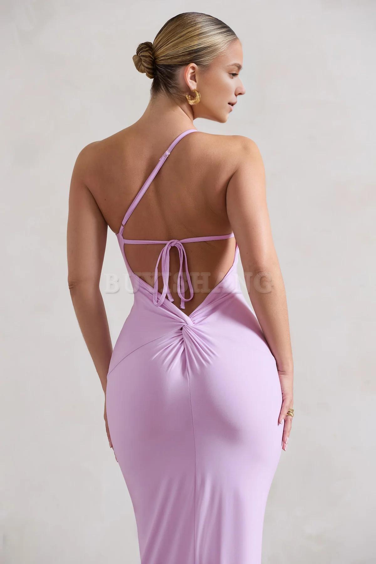 Buyishang Simple one shoulder backless high slit long skirt with asymmetrical neckline waist cinching and backless details