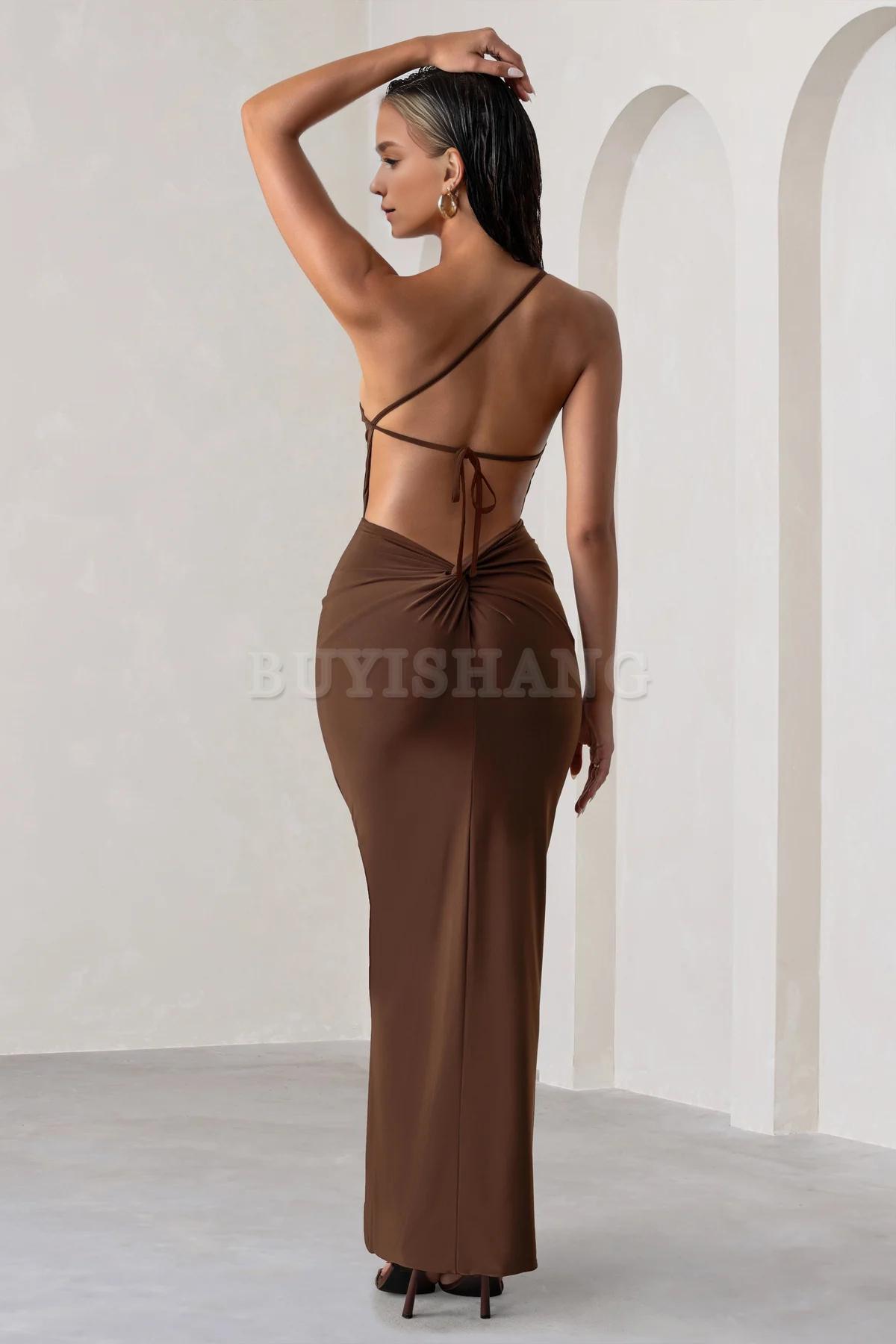 Buyishang Simple one shoulder backless high slit long skirt with asymmetrical neckline waist cinching and backless details