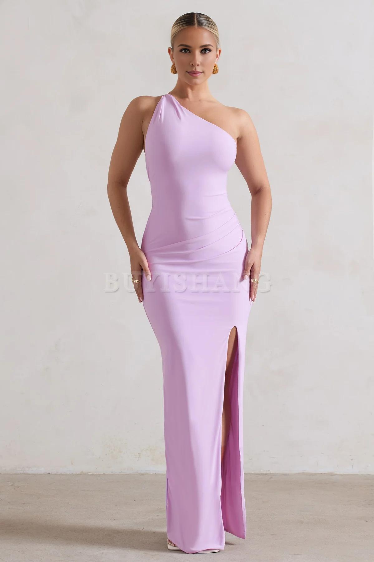 Buyishang Simple one shoulder backless high slit long skirt with asymmetrical neckline waist cinching and backless details