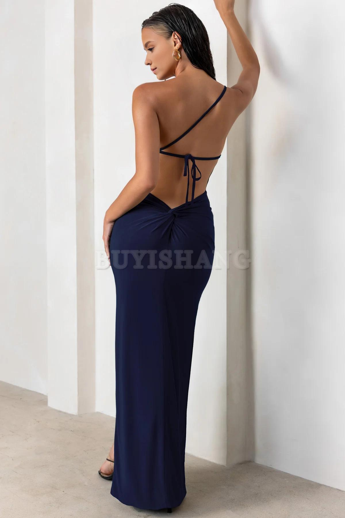 Buyishang Simple one shoulder backless high slit long skirt with asymmetrical neckline waist cinching and backless details