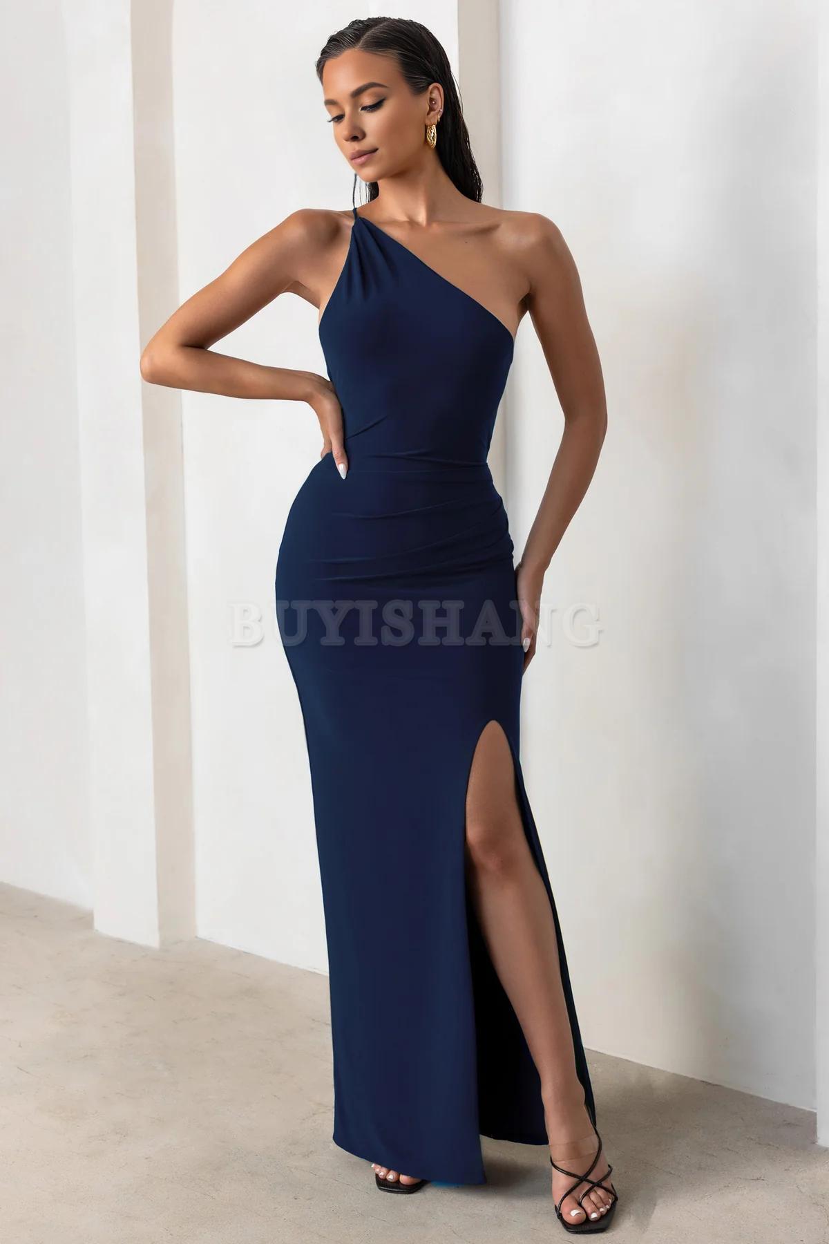 Buyishang Simple one shoulder backless high slit long skirt with asymmetrical neckline waist cinching and backless details