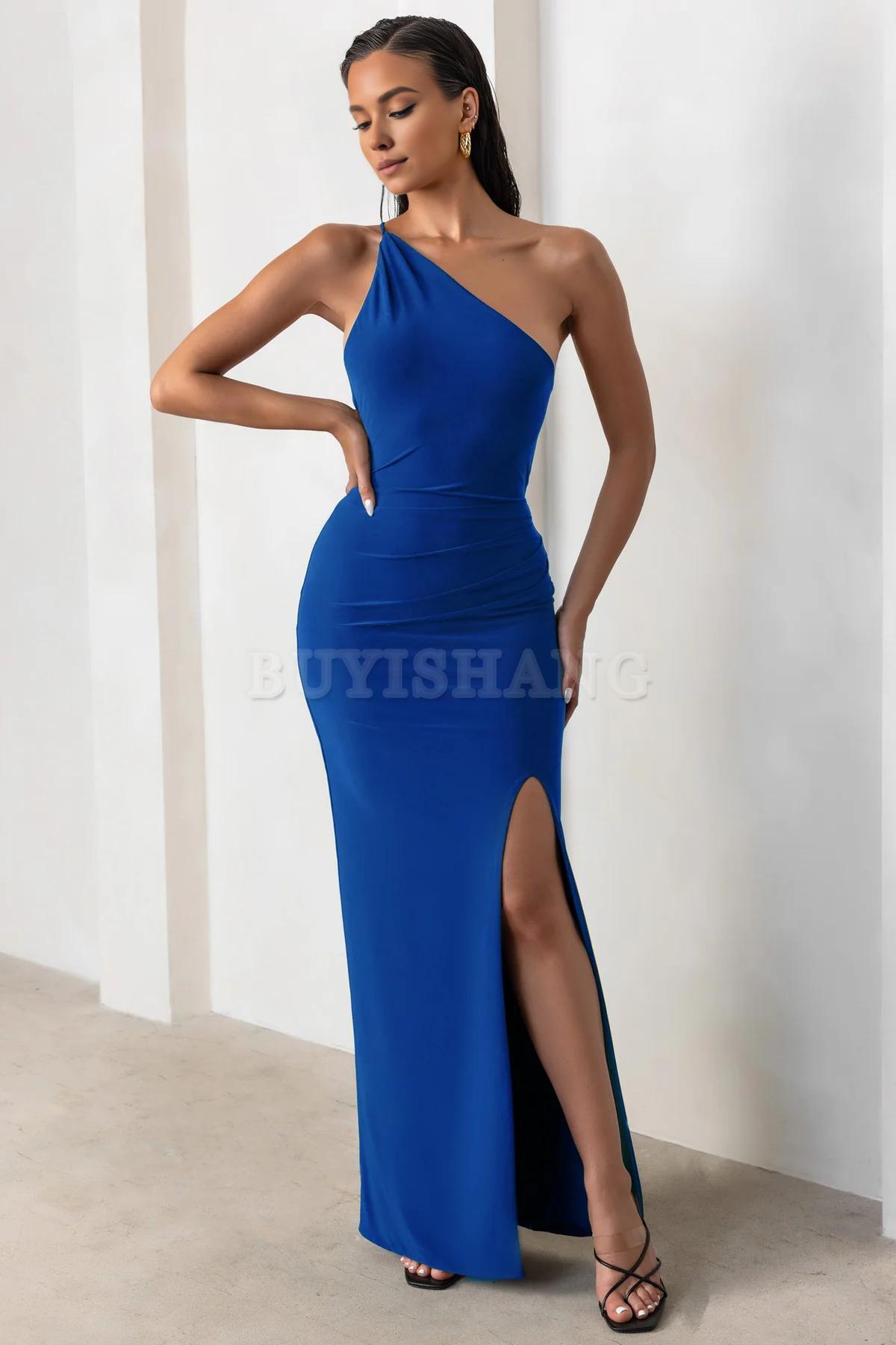 Buyishang Simple one shoulder backless high slit long skirt with asymmetrical neckline waist cinching and backless details