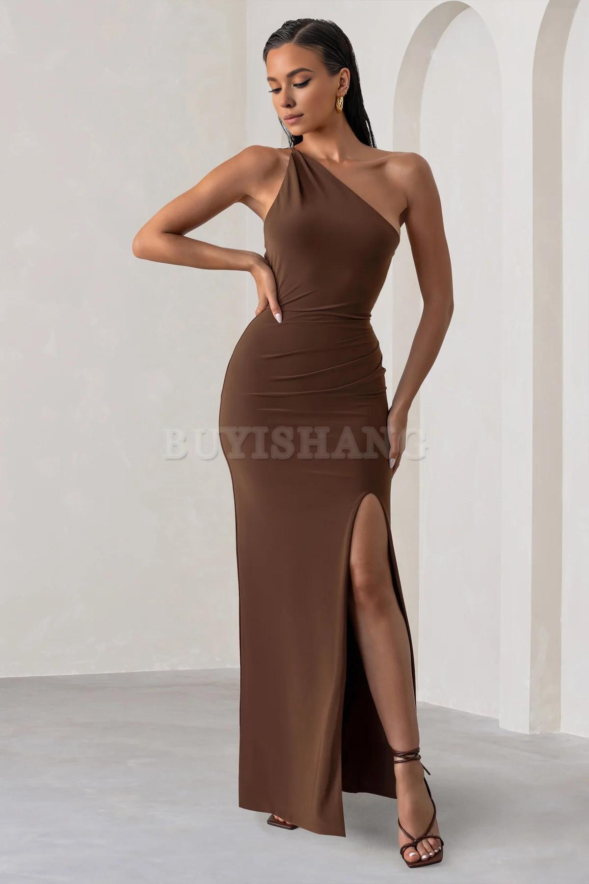 Buyishang Simple one shoulder backless high slit long skirt with asymmetrical neckline waist cinching and backless details