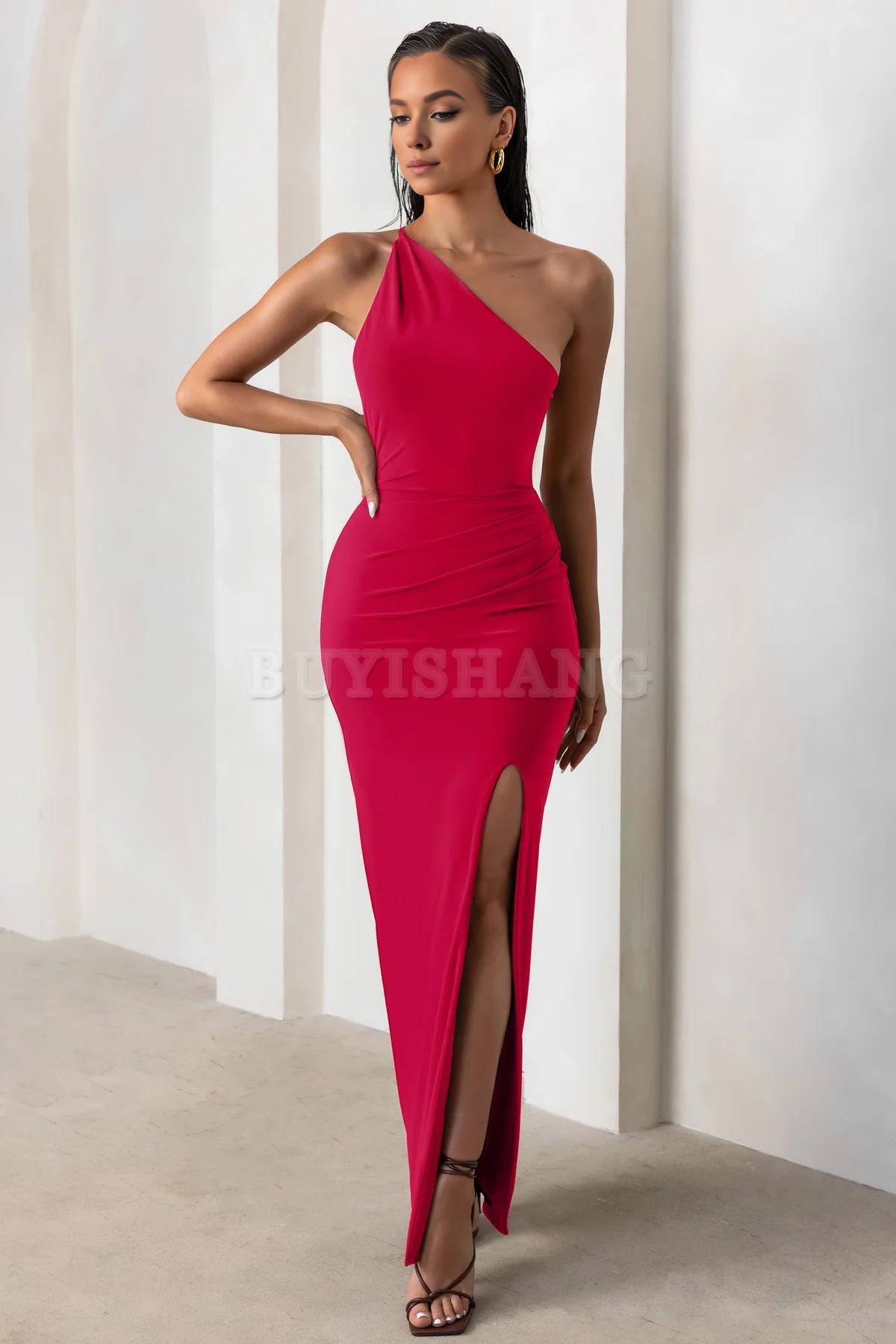 Buyishang Simple one shoulder backless high slit long skirt with asymmetrical neckline waist cinching and backless details