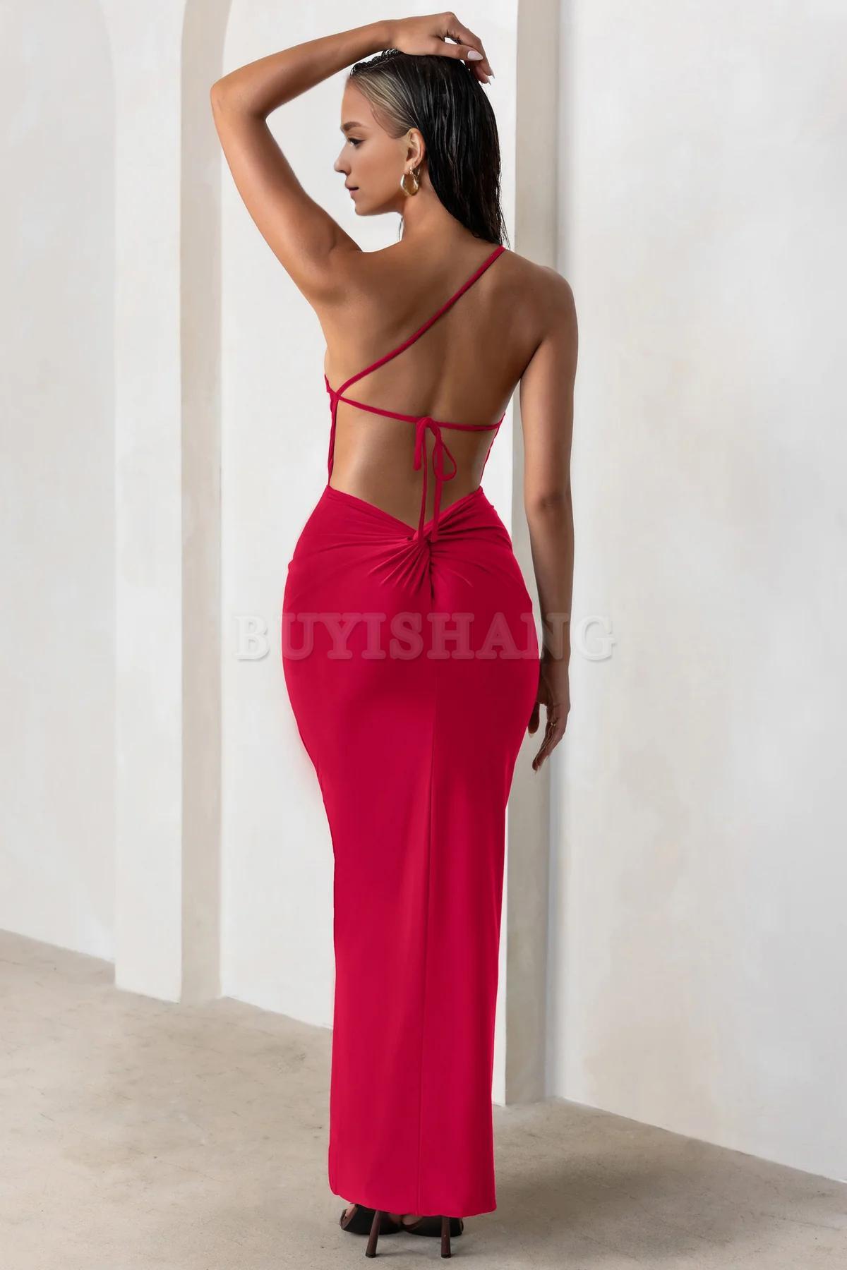 Buyishang Simple one shoulder backless high slit long skirt with asymmetrical neckline waist cinching and backless details