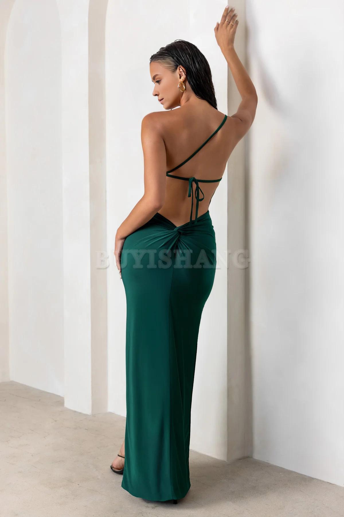 Buyishang Simple one shoulder backless high slit long skirt with asymmetrical neckline waist cinching and backless details