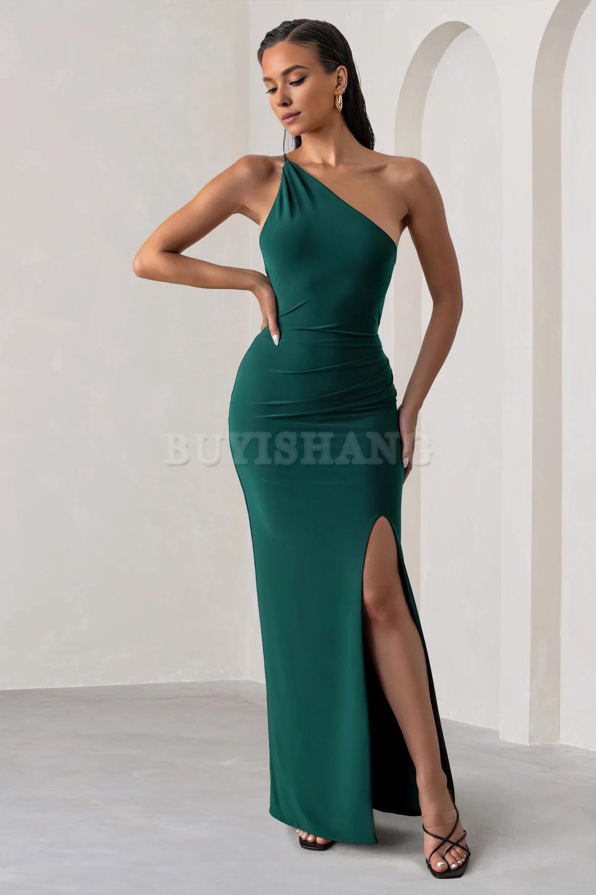 Buyishang Simple one shoulder backless high slit long skirt with asymmetrical neckline waist cinching and backless details