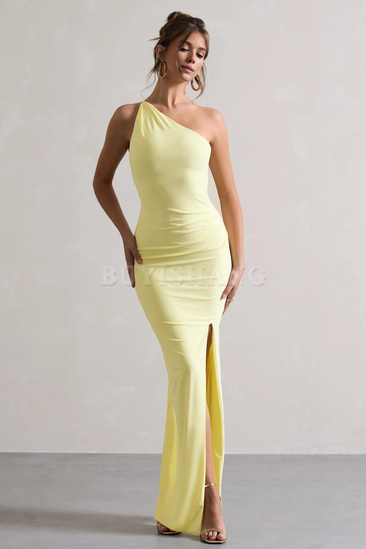 Buyishang Simple one shoulder backless high slit long skirt with asymmetrical neckline waist cinching and backless details