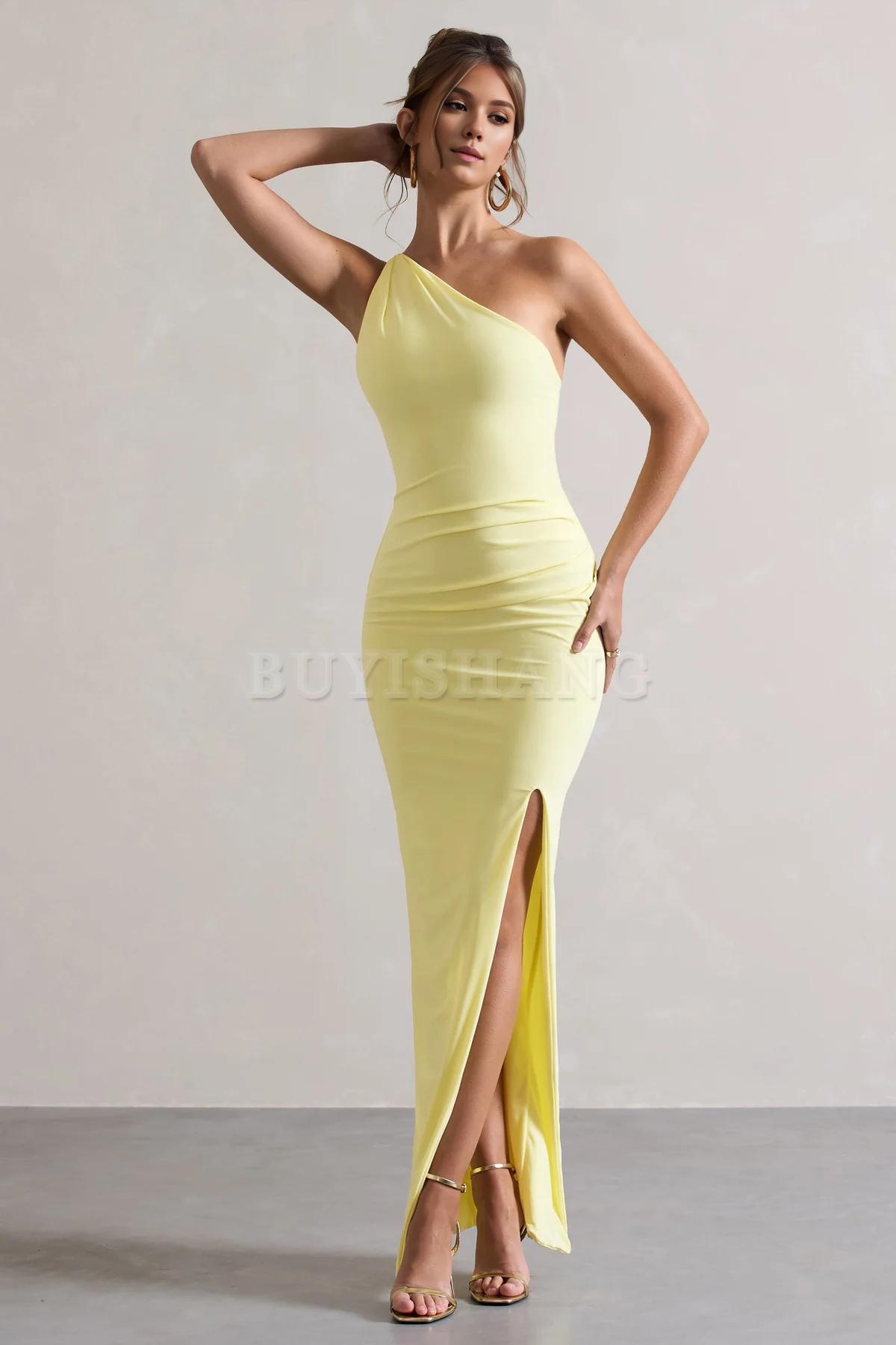 Buyishang Simple one shoulder backless high slit long skirt with asymmetrical neckline waist cinching and backless details
