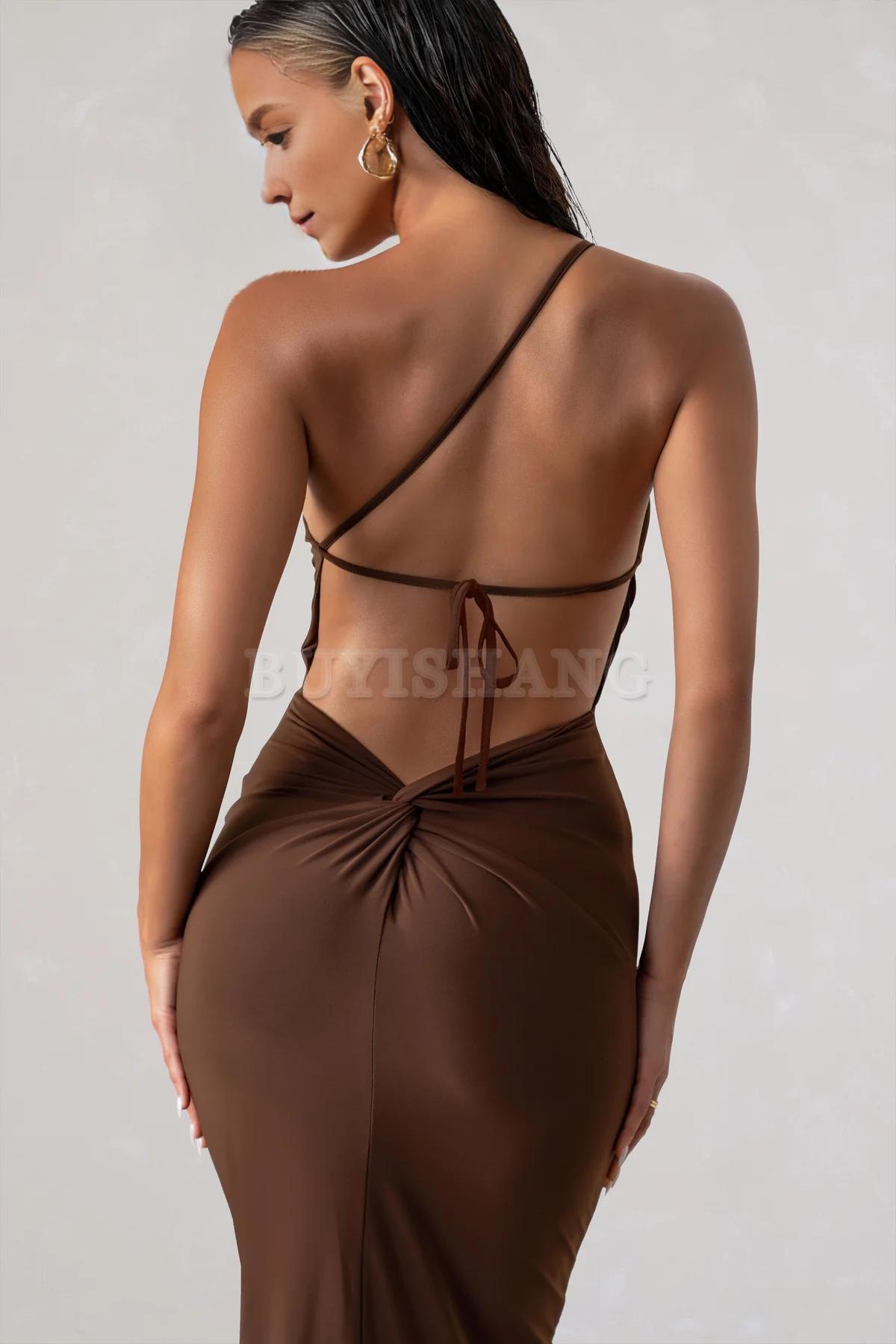 Buyishang Simple one shoulder backless high slit long skirt with asymmetrical neckline waist cinching and backless details
