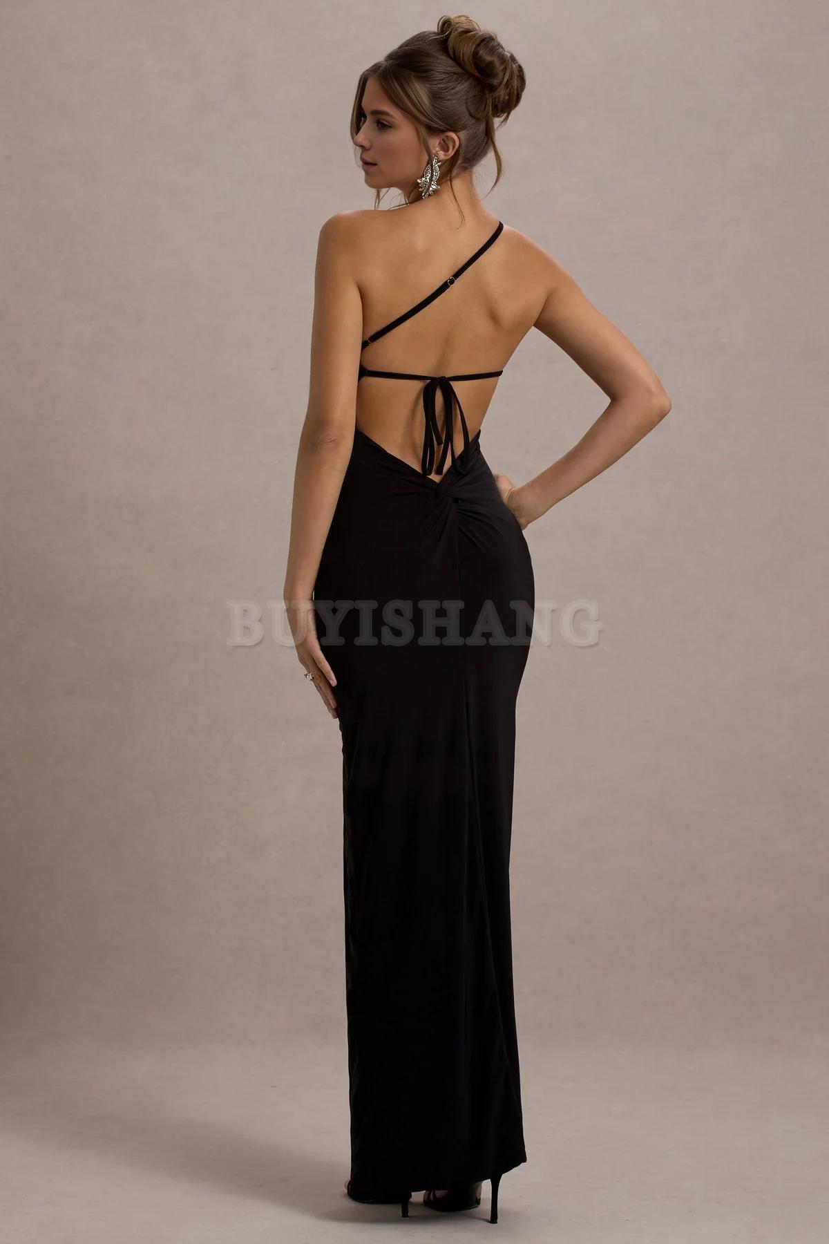 Buyishang Simple one shoulder backless high slit long skirt with asymmetrical neckline waist cinching and backless details