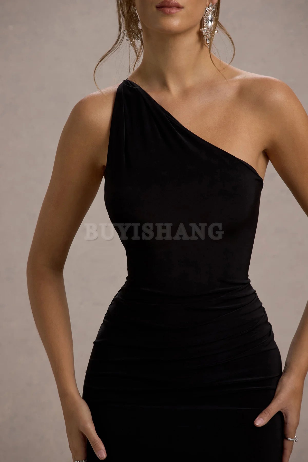 Buyishang Simple one shoulder backless high slit long skirt with asymmetrical neckline waist cinching and backless details