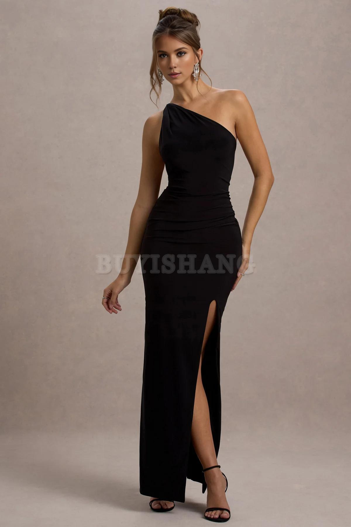 Buyishang Simple one shoulder backless high slit long skirt with asymmetrical neckline waist cinching and backless details