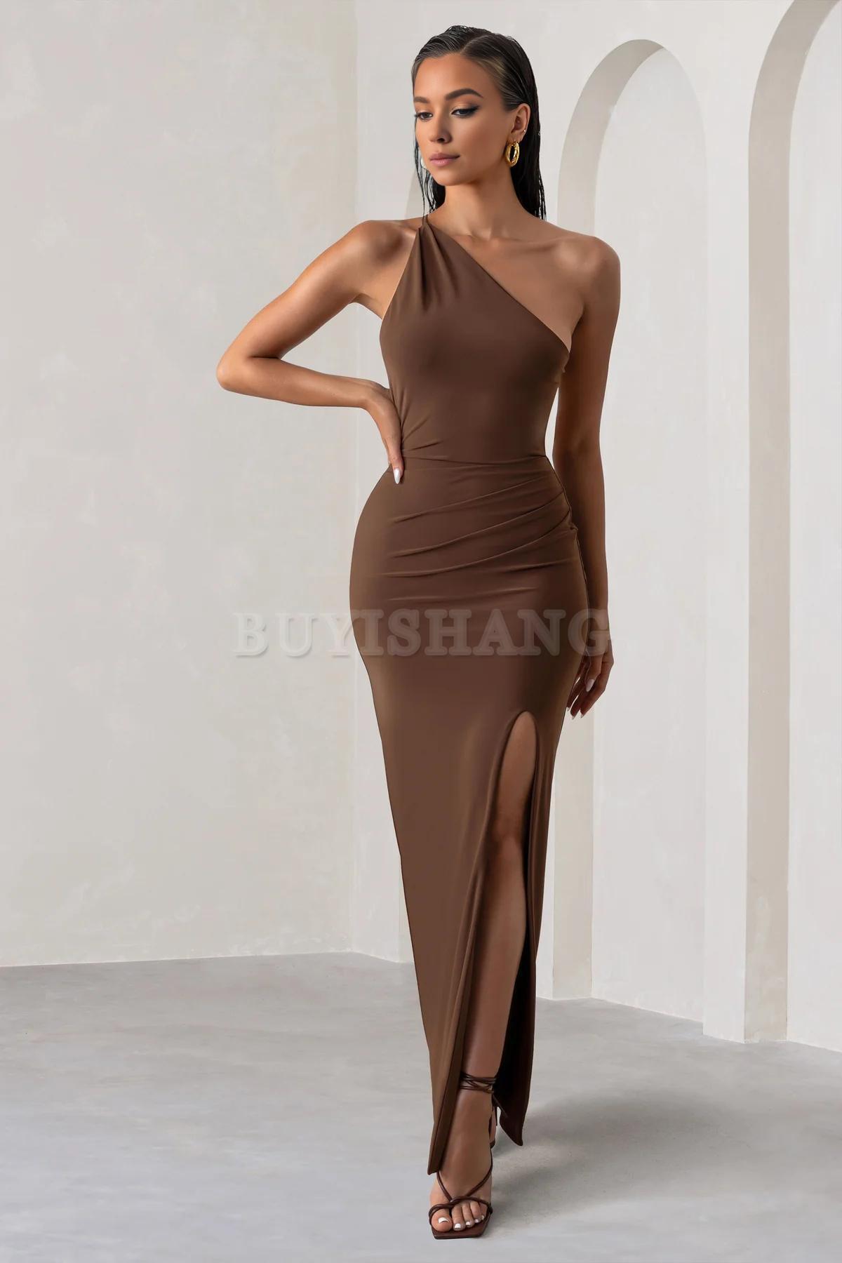 Buyishang Simple one shoulder backless high slit long skirt with asymmetrical neckline waist cinching and backless details