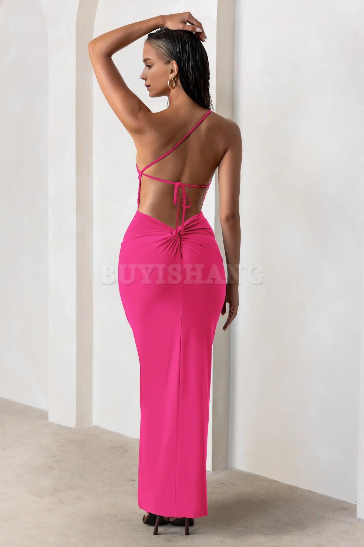 Buyishang Simple one shoulder backless high slit long skirt with asymmetrical neckline waist cinching and backless details