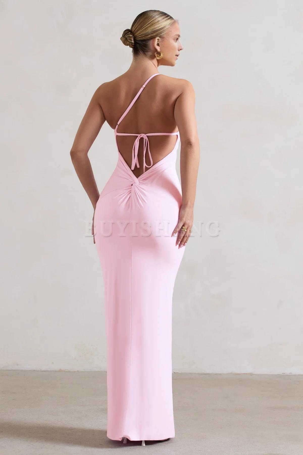 Buyishang Simple one shoulder backless high slit long skirt with asymmetrical neckline waist cinching and backless details