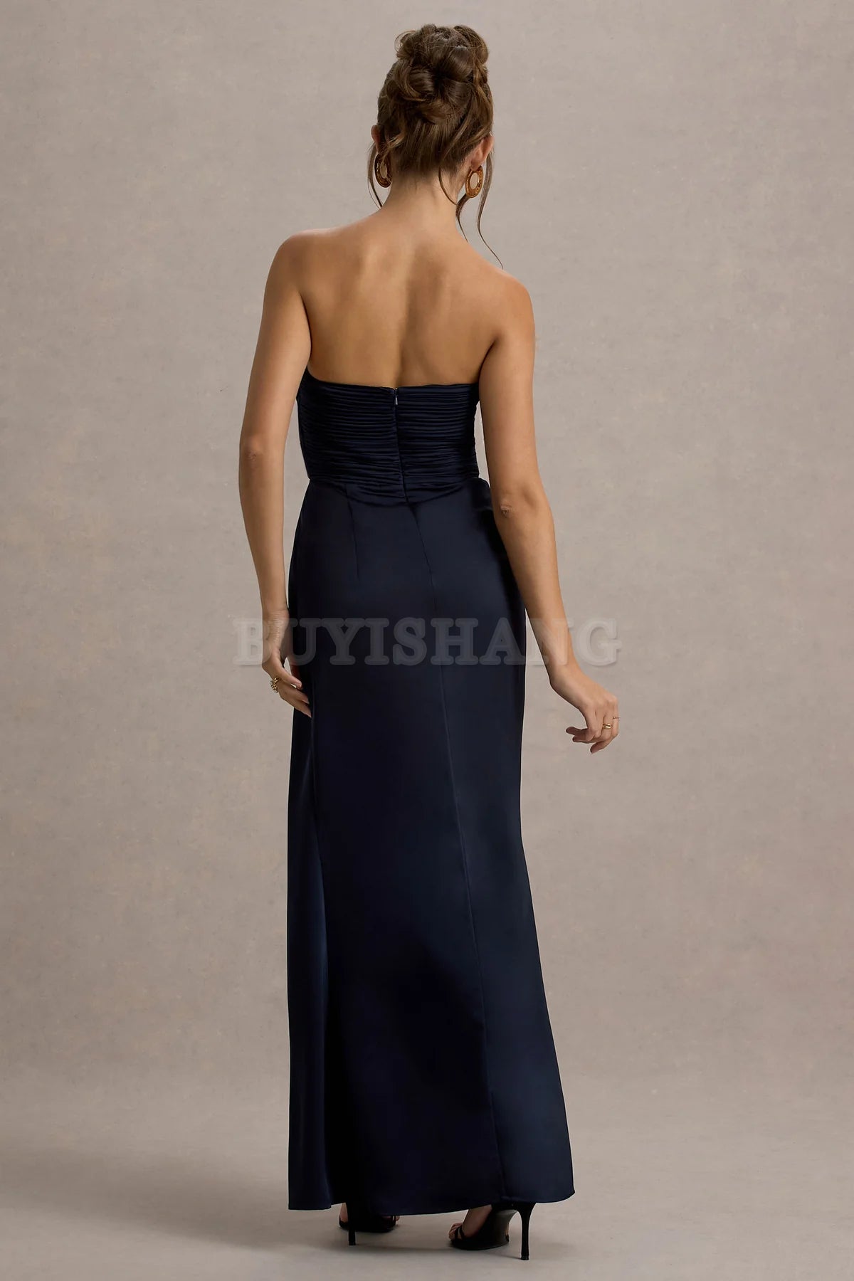 Buyishang Simple satin strapless dress with pendant slit long skirt formal dress