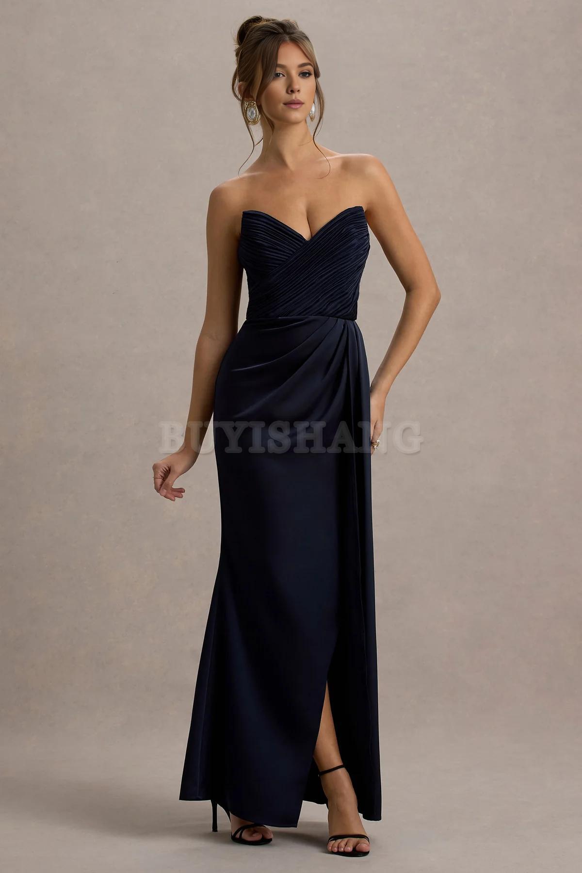 Buyishang Simple satin strapless dress with pendant slit long skirt formal dress