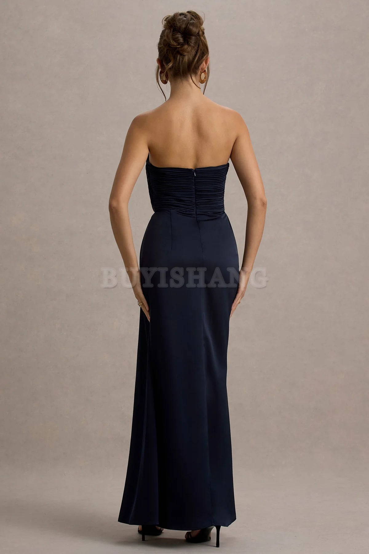 Buyishang Simple satin strapless dress with pendant slit long skirt formal dress