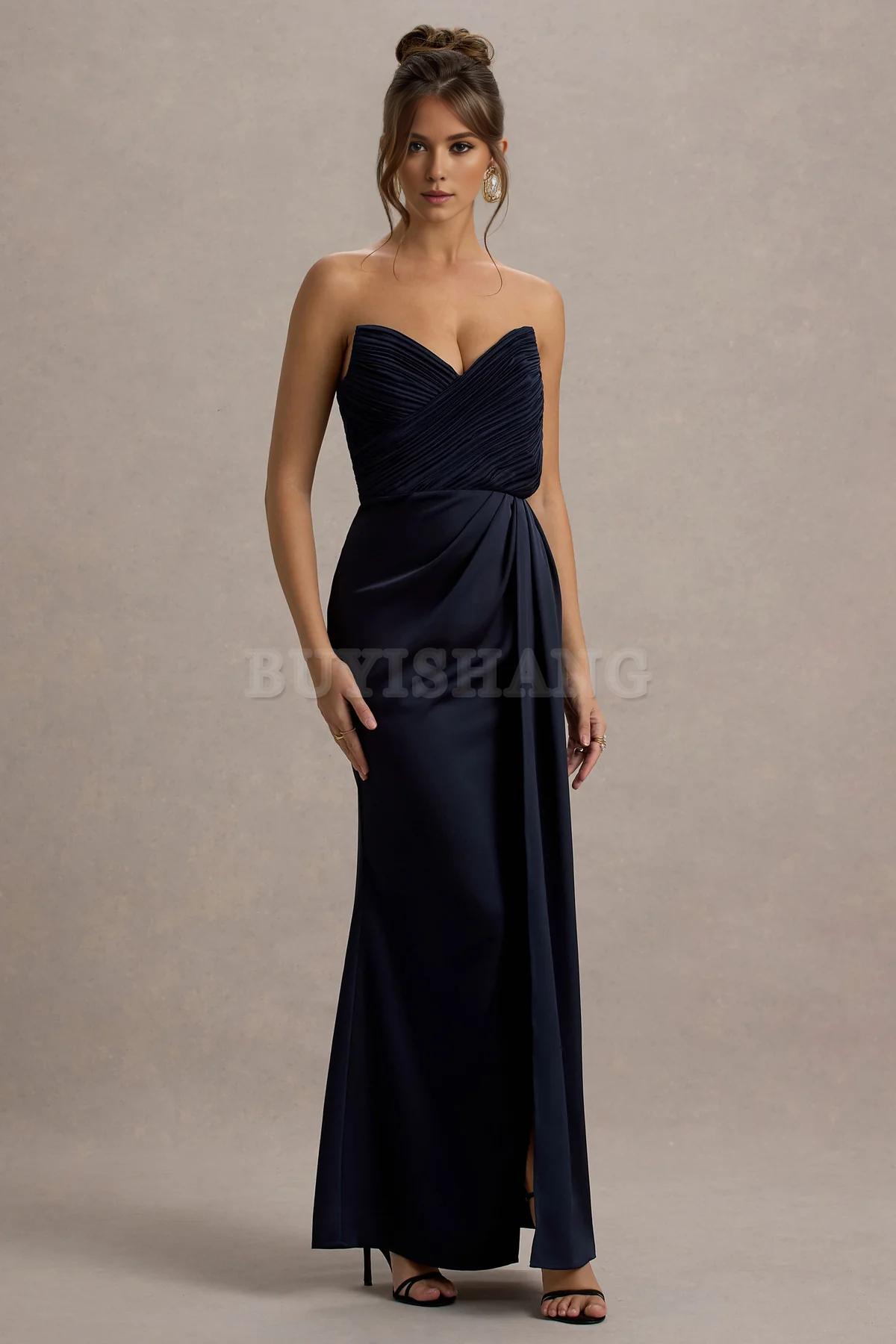 Buyishang Simple satin strapless dress with pendant slit long skirt formal dress