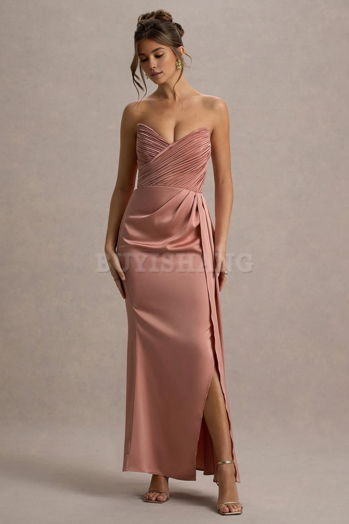 Buyishang Simple satin strapless dress with pendant slit long skirt formal dress
