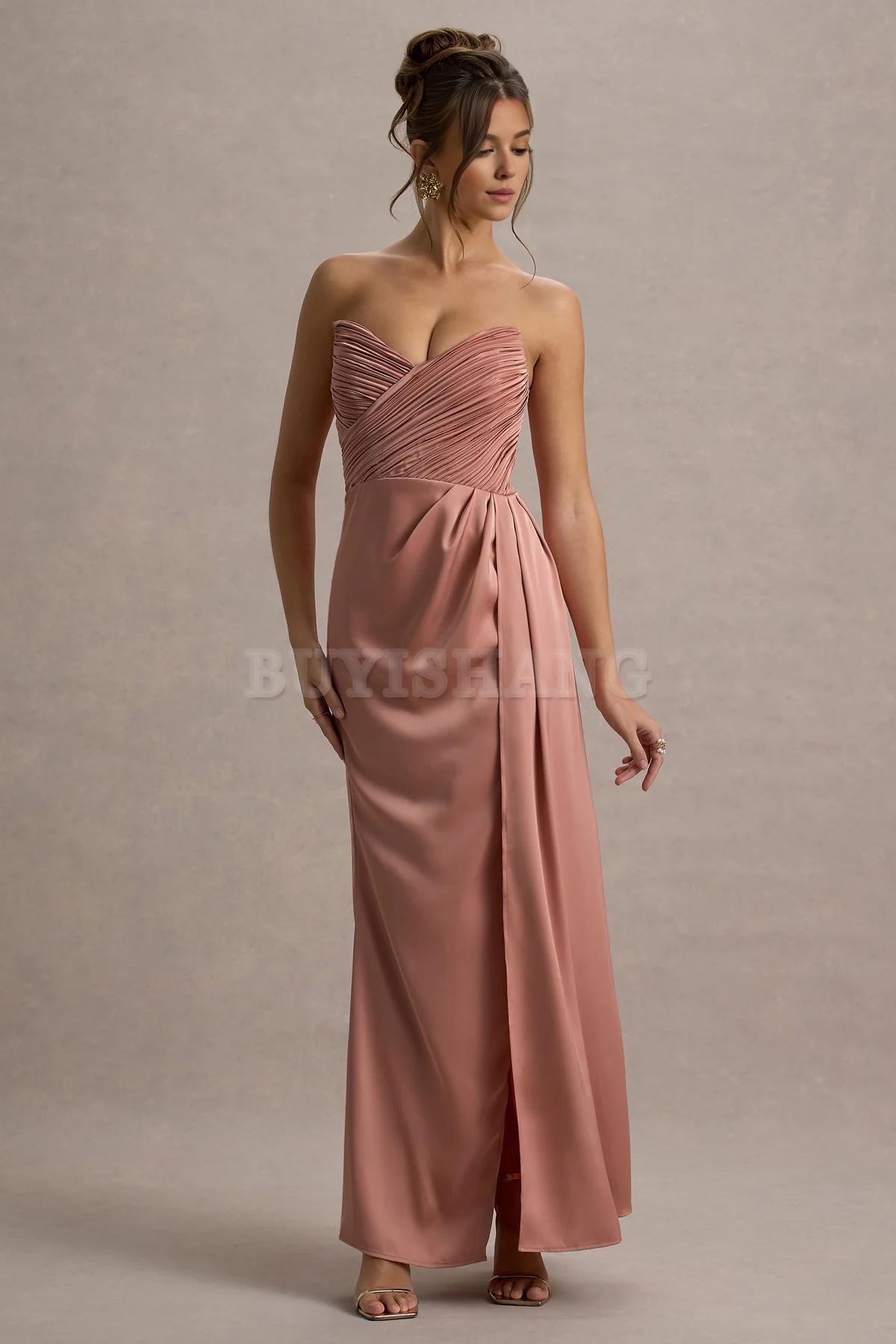 Buyishang Simple satin strapless dress with pendant slit long skirt formal dress