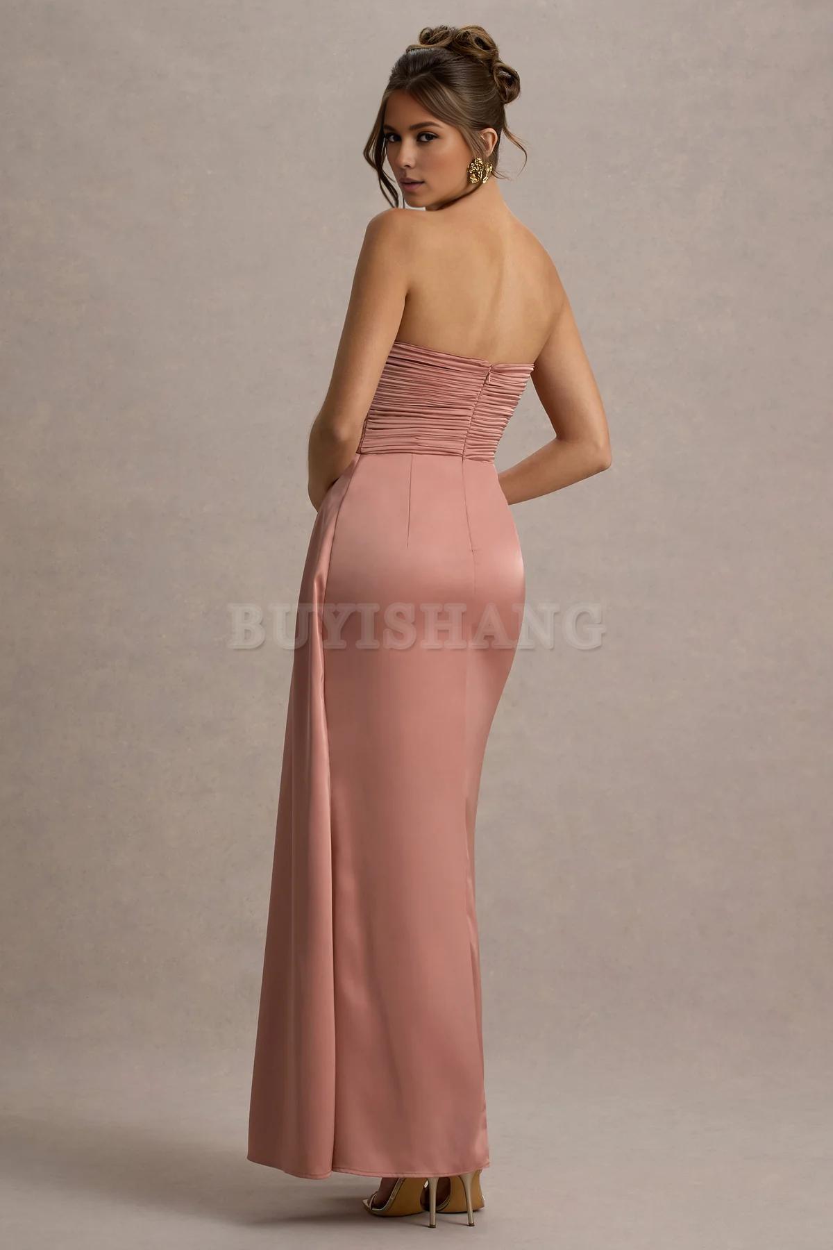 Buyishang Simple satin strapless dress with pendant slit long skirt formal dress