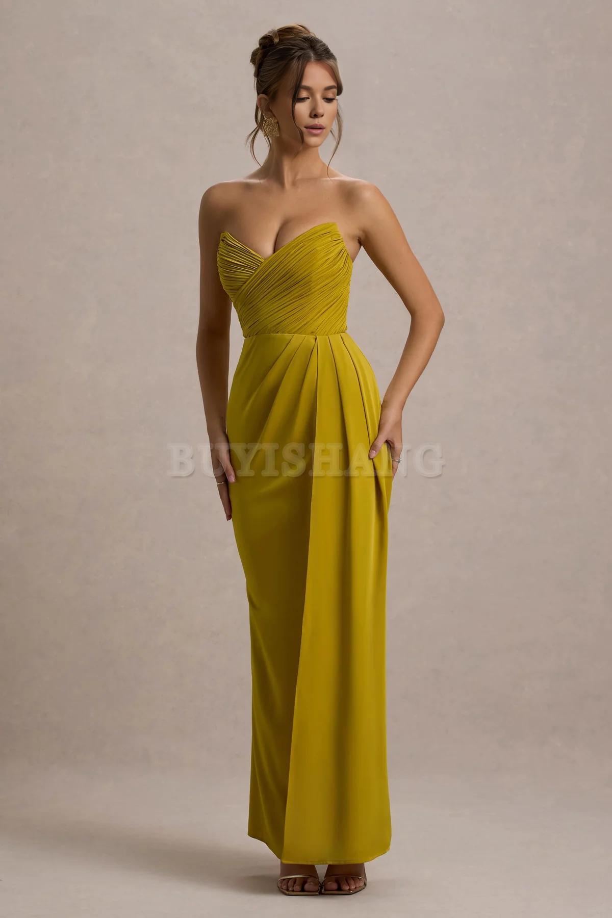 Buyishang Simple satin strapless dress with pendant slit long skirt formal dress