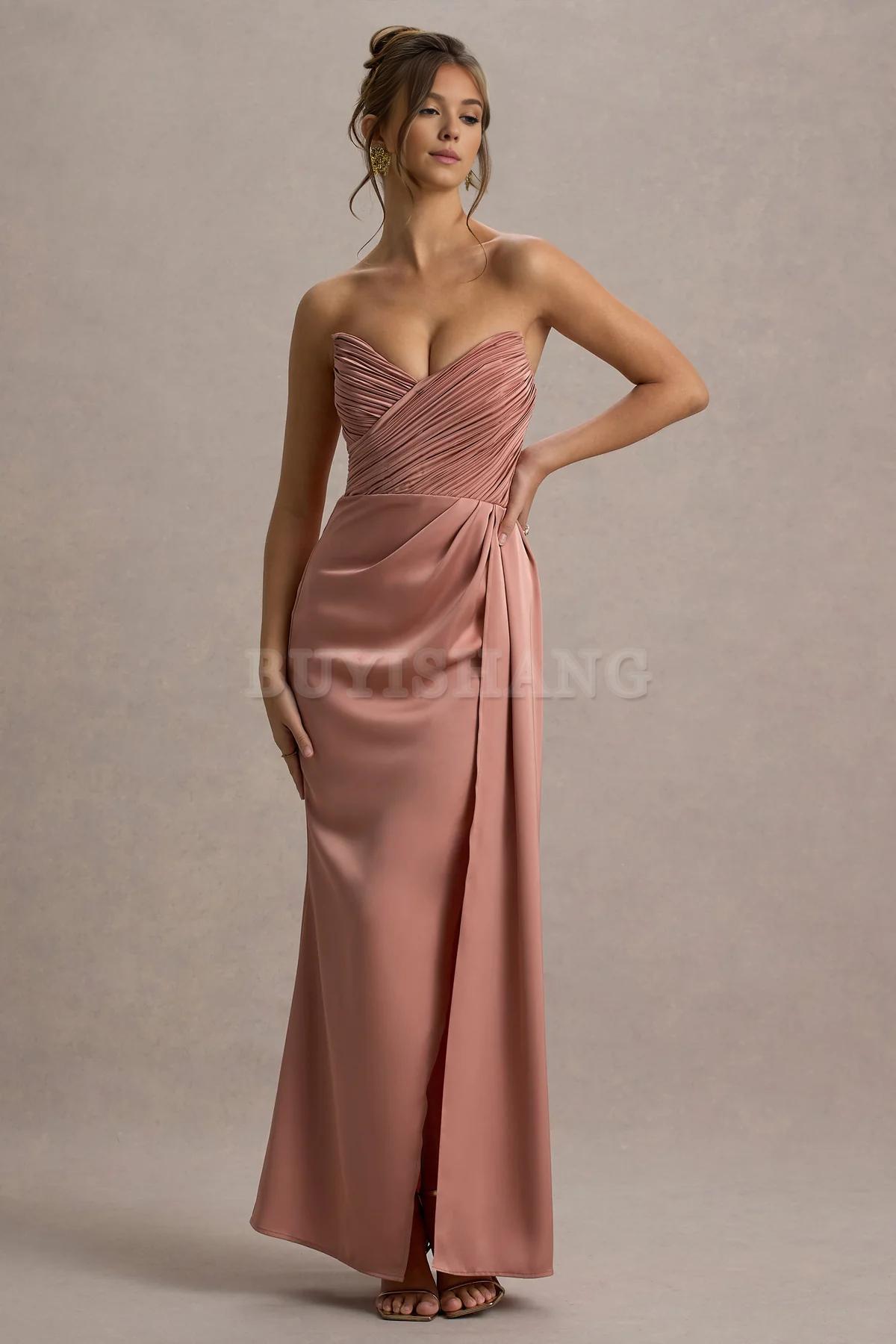 Buyishang Simple satin strapless dress with pendant slit long skirt formal dress