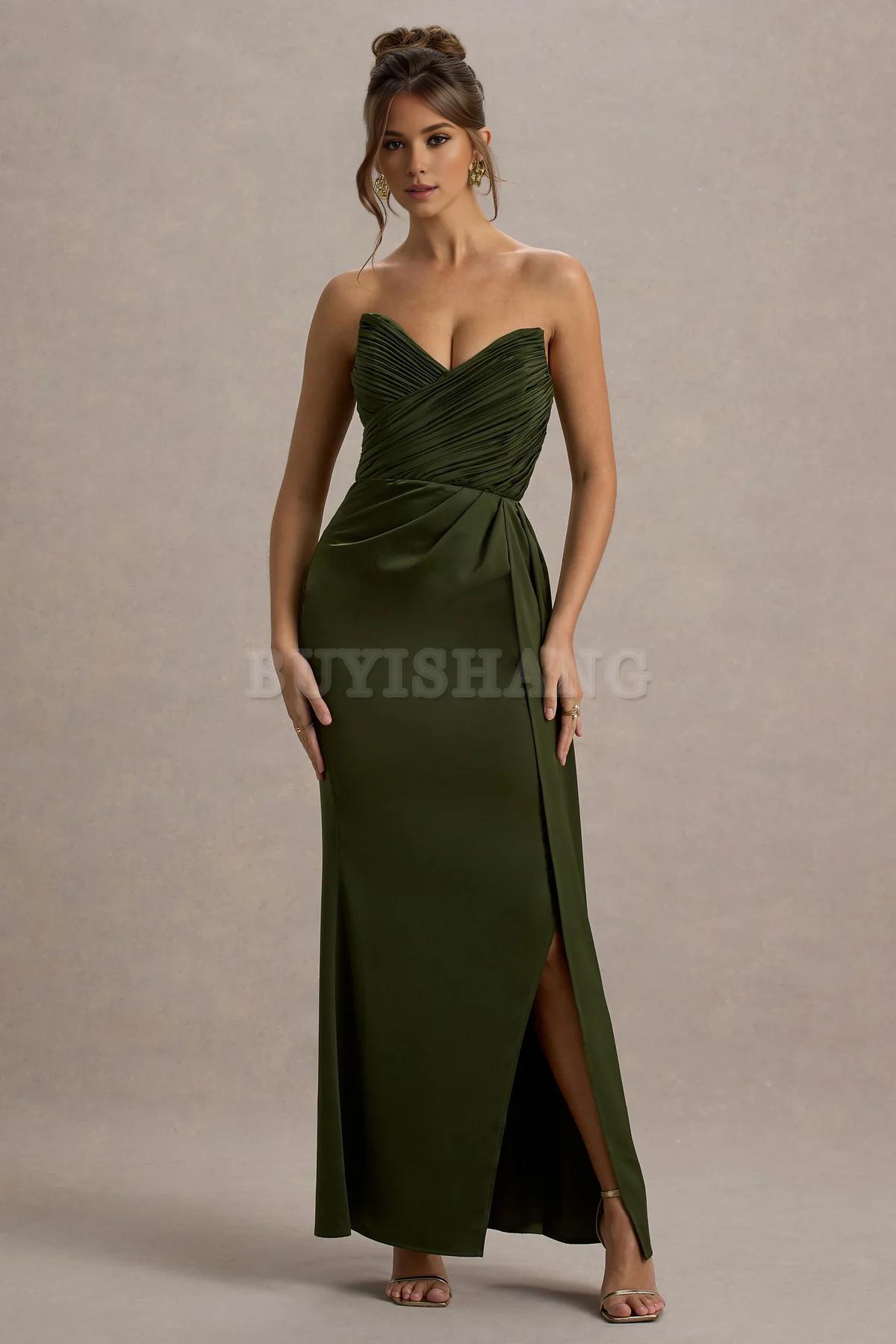 Buyishang Simple satin strapless dress with pendant slit long skirt formal dress