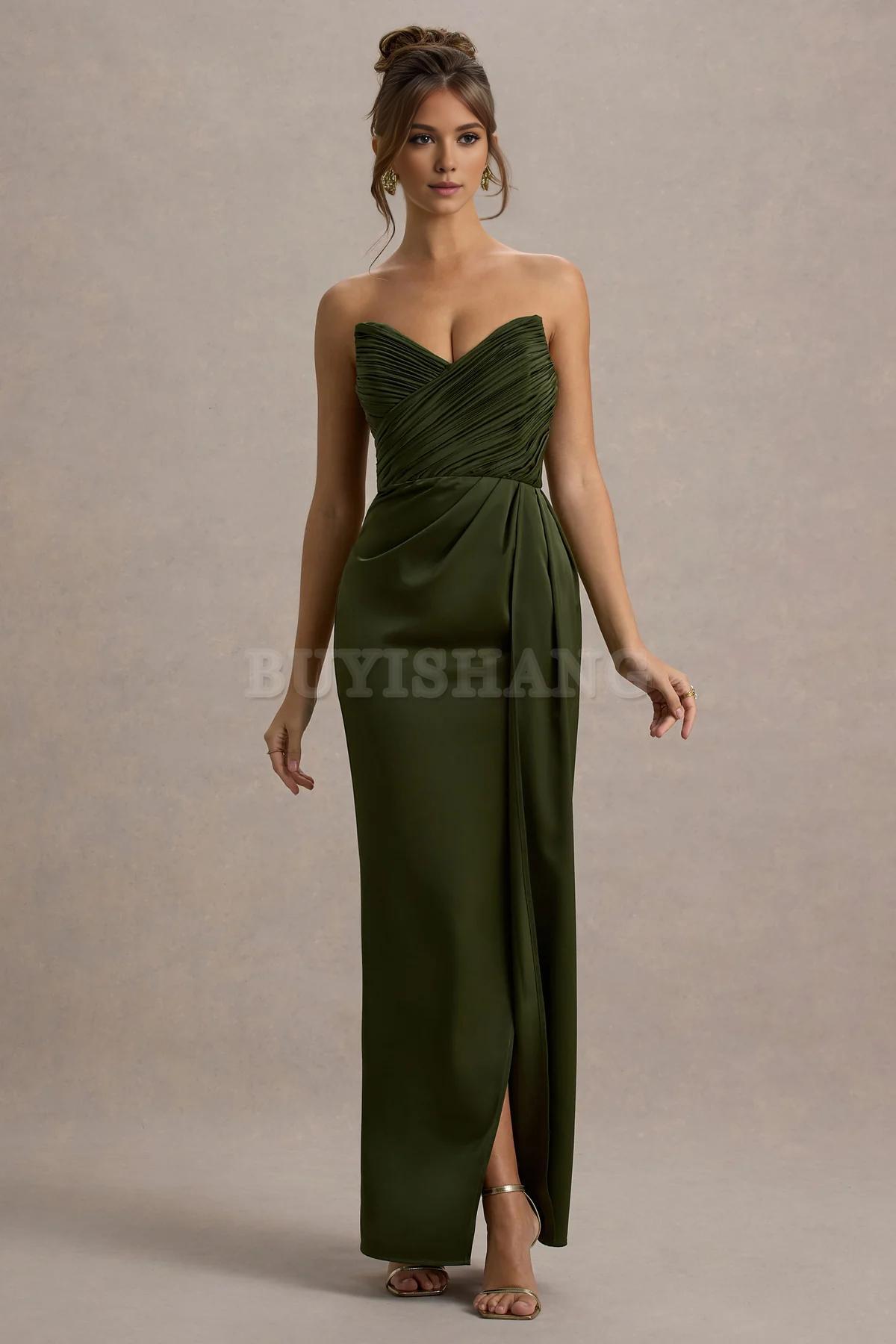 Buyishang Simple satin strapless dress with pendant slit long skirt formal dress