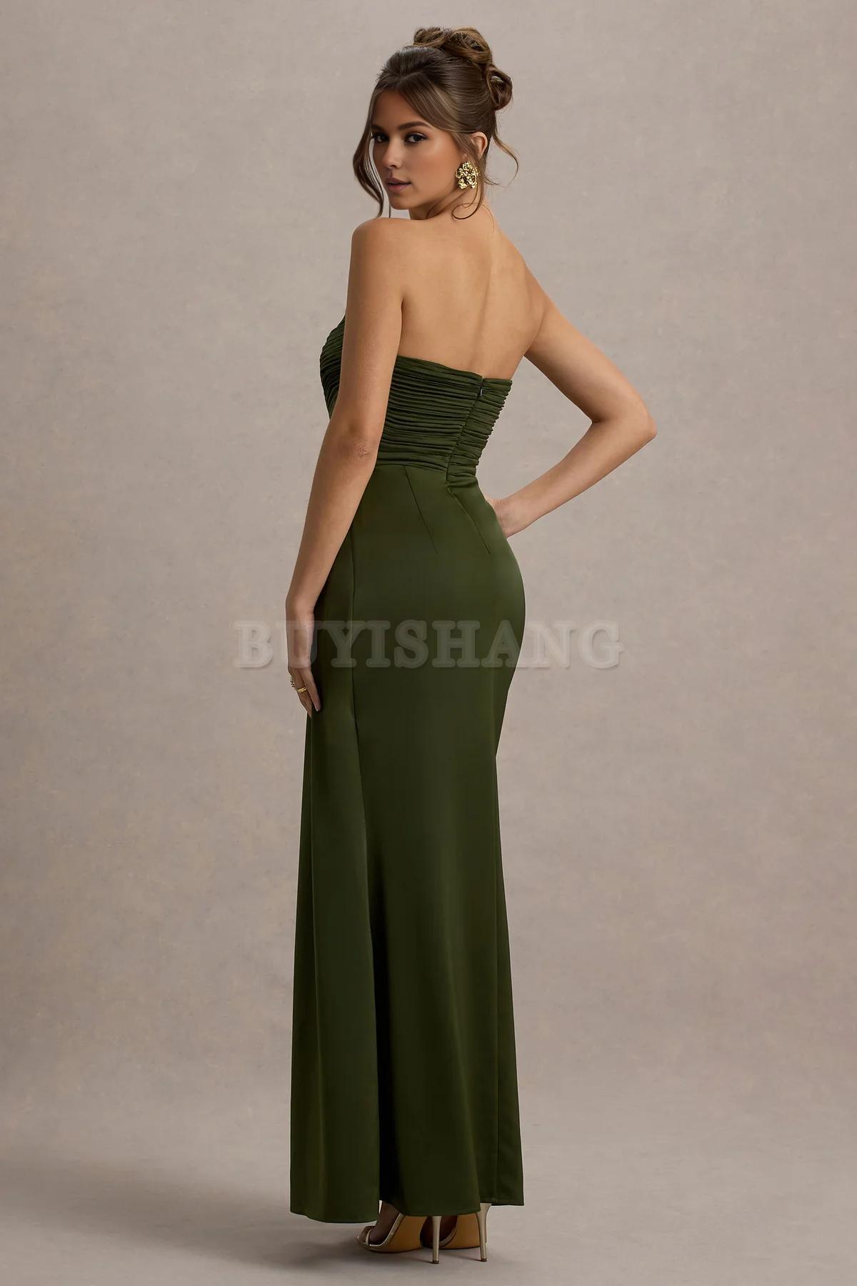 Buyishang Simple satin strapless dress with pendant slit long skirt formal dress