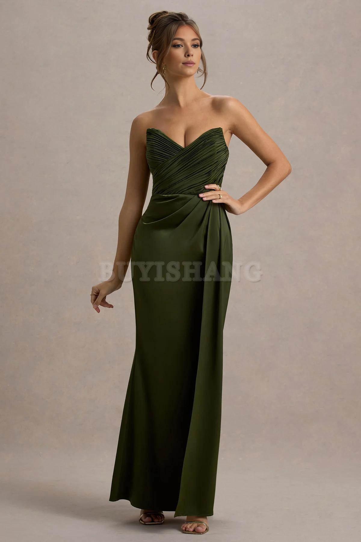 Buyishang Simple satin strapless dress with pendant slit long skirt formal dress