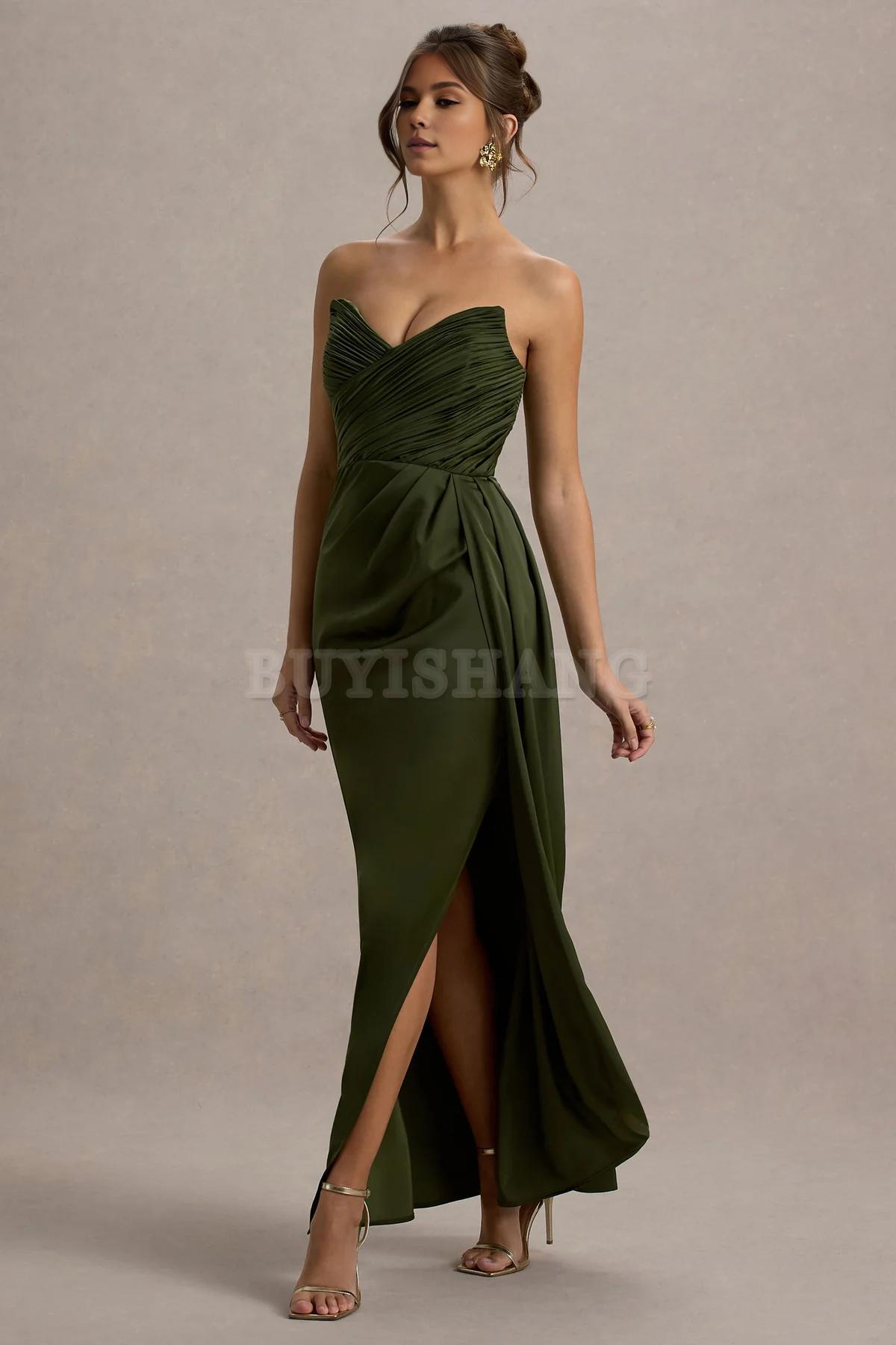 Buyishang Simple satin strapless dress with pendant slit long skirt formal dress