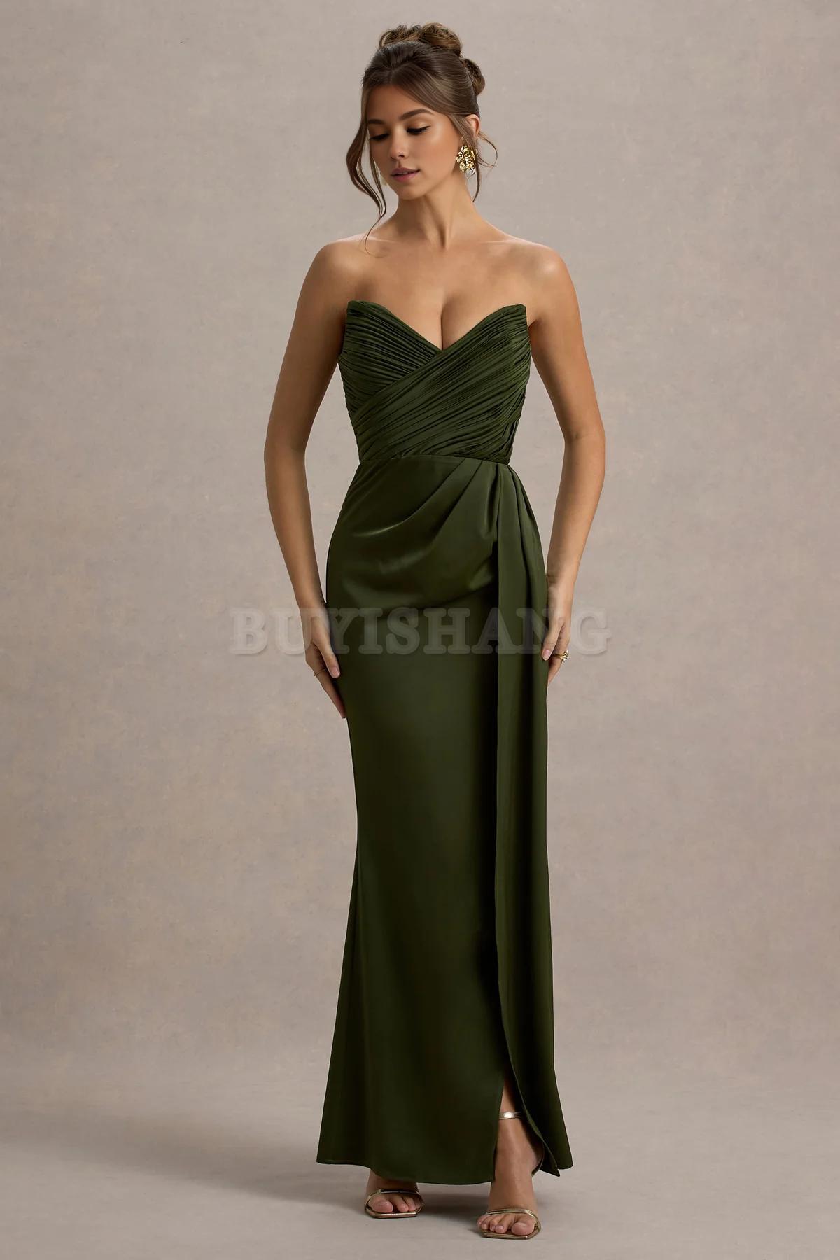 Buyishang Simple satin strapless dress with pendant slit long skirt formal dress