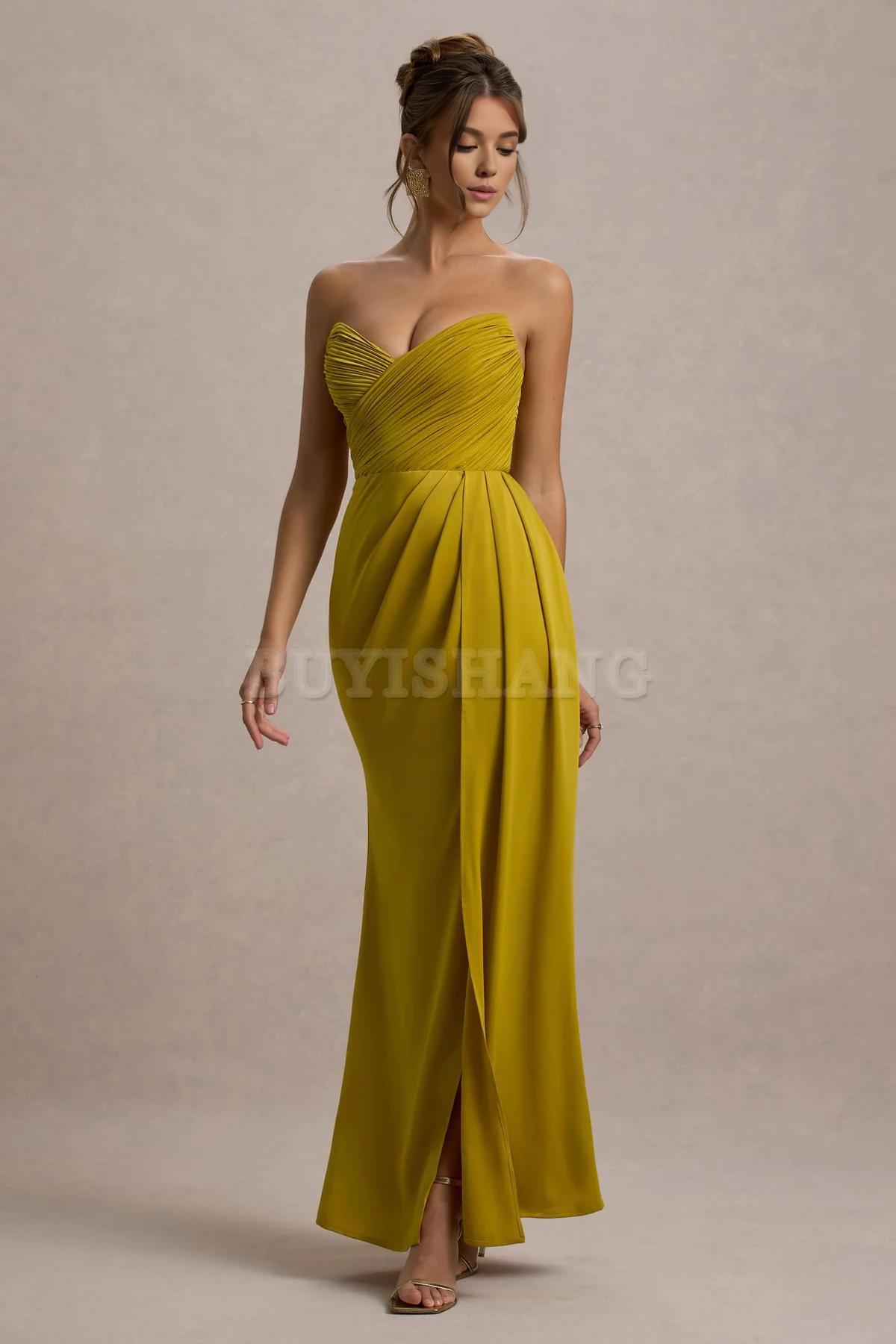 Buyishang Simple satin strapless dress with pendant slit long skirt formal dress