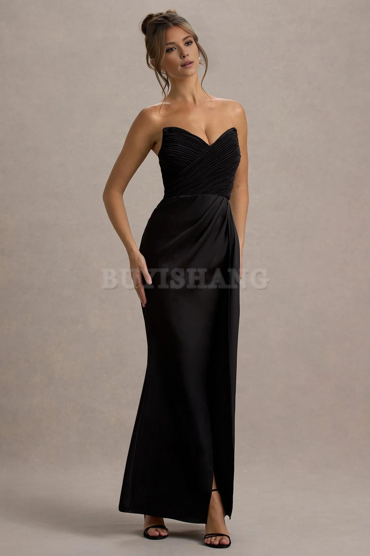 Buyishang Simple satin strapless dress with pendant slit long skirt formal dress