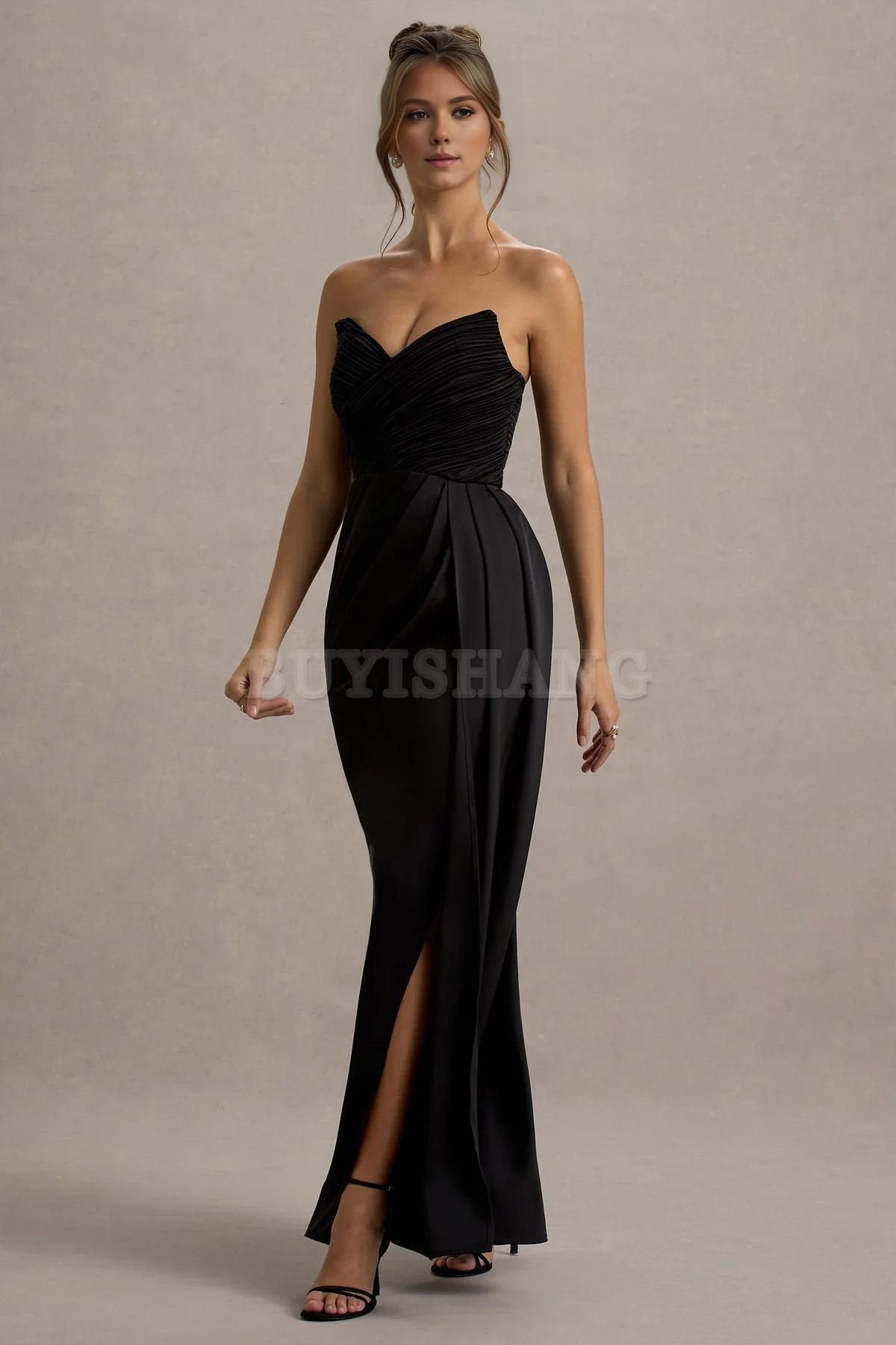 Buyishang Simple satin strapless dress with pendant slit long skirt formal dress