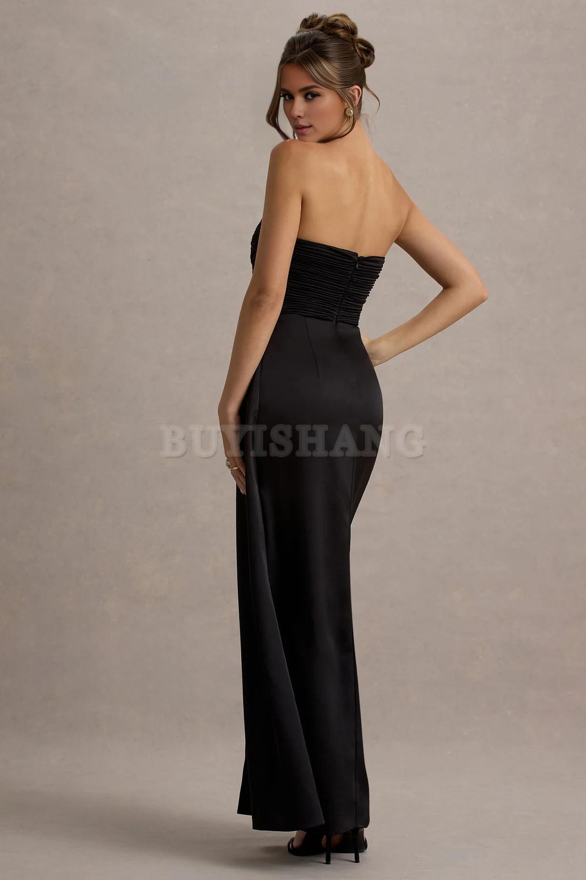 Buyishang Simple satin strapless dress with pendant slit long skirt formal dress