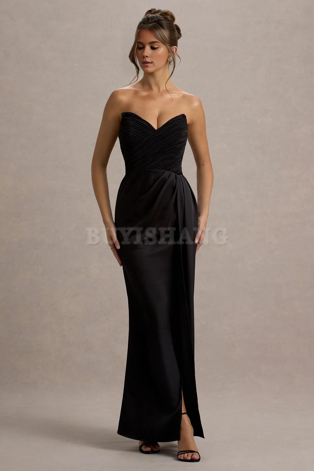 Buyishang Simple satin strapless dress with pendant slit long skirt formal dress