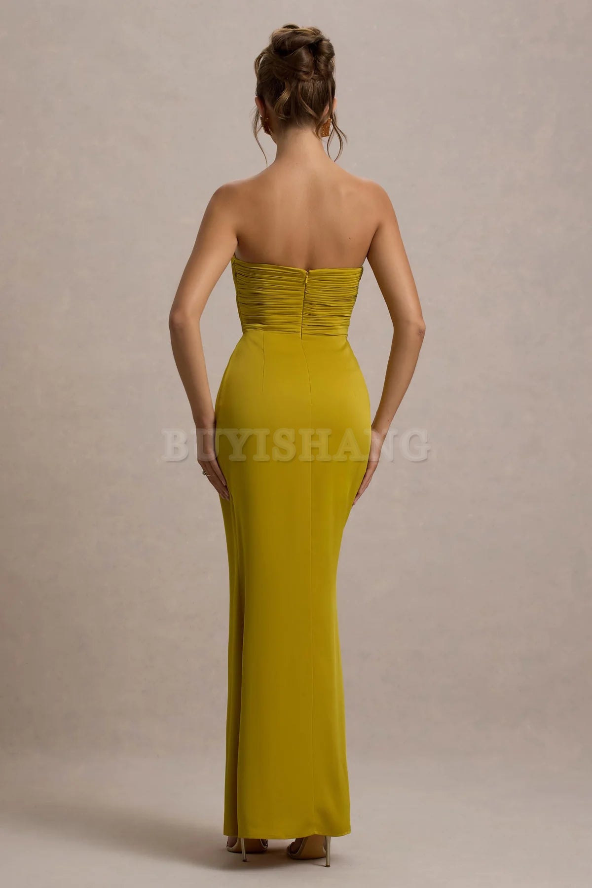 Buyishang Simple satin strapless dress with pendant slit long skirt formal dress