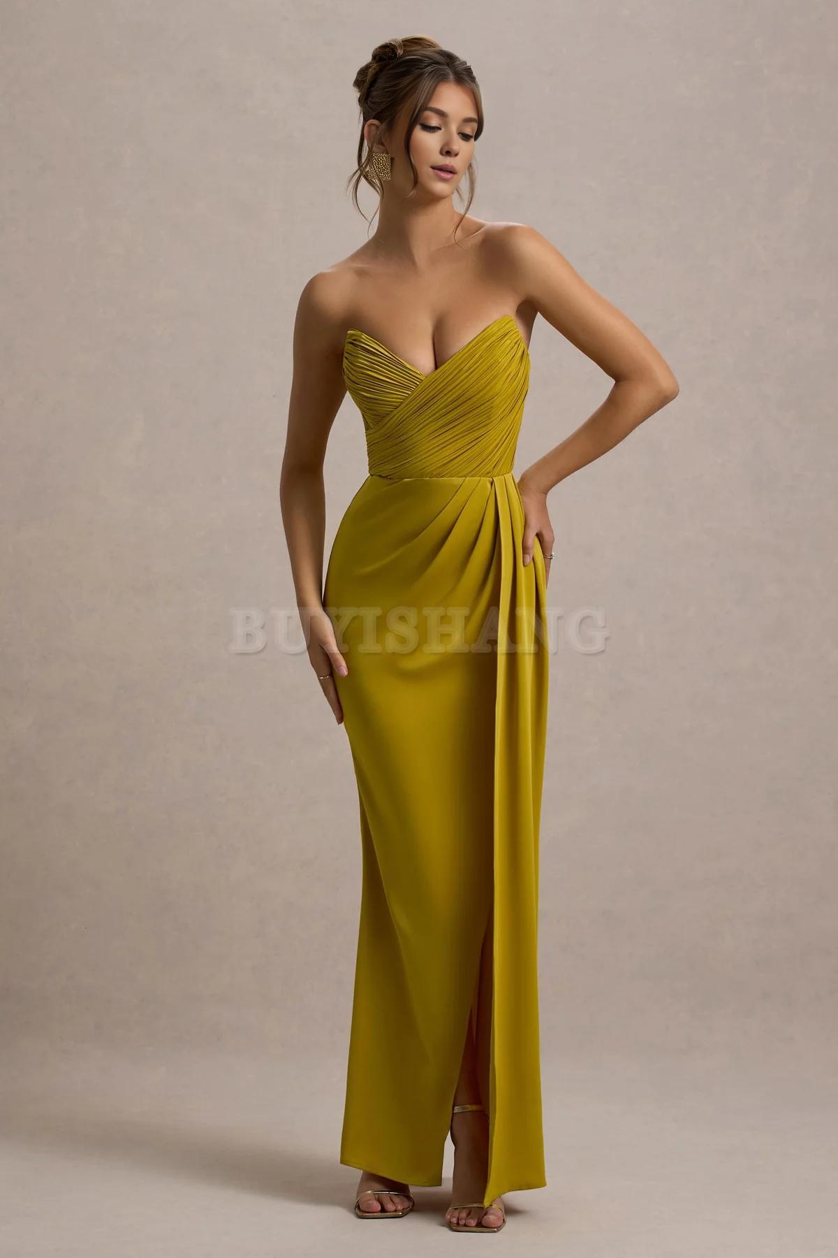 Buyishang Simple satin strapless dress with pendant slit long skirt formal dress