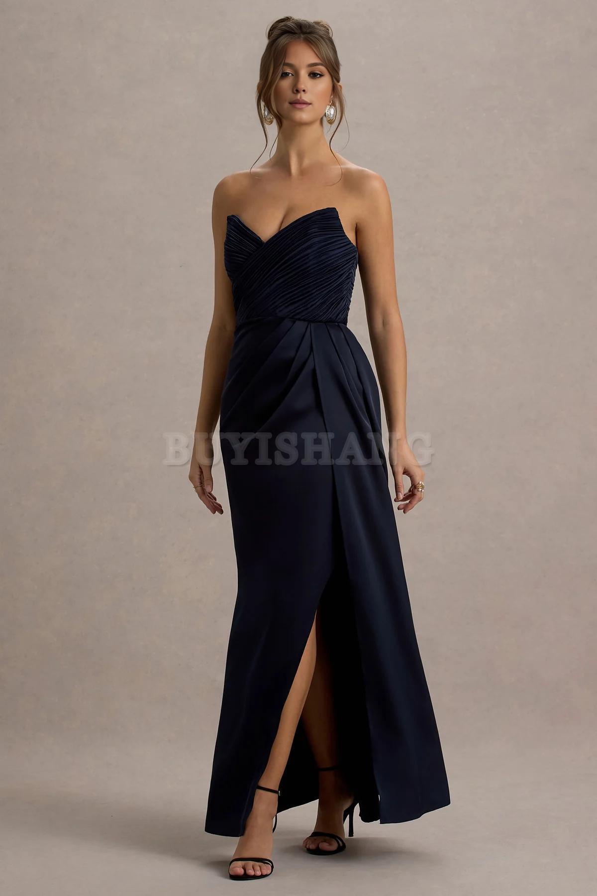 Buyishang Simple satin strapless dress with pendant slit long skirt formal dress