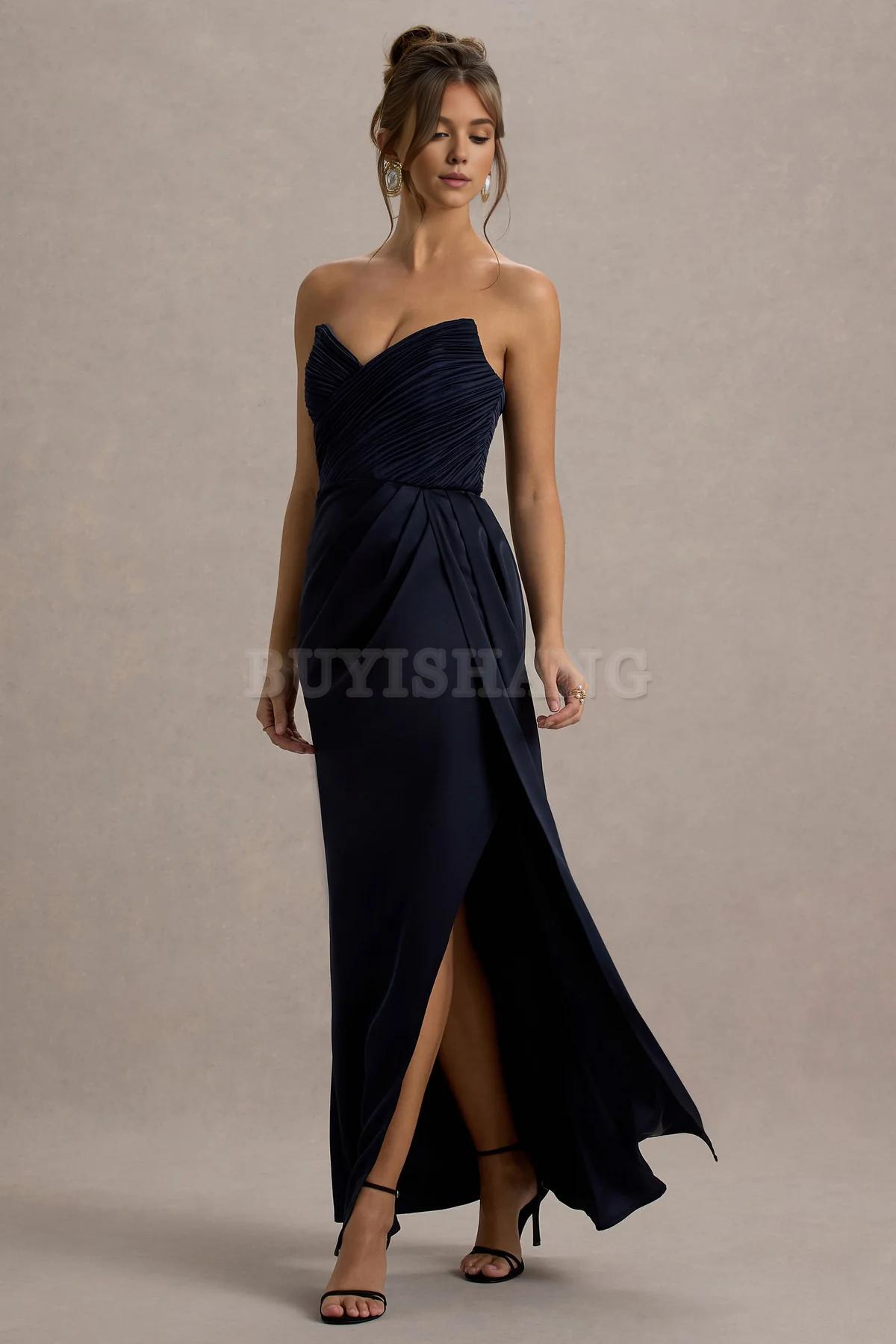 Buyishang Simple satin strapless dress with pendant slit long skirt formal dress