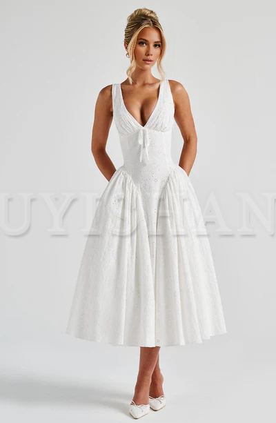 Buyishang Simple shoulder strap flower ivory dress custom cotton Madeira embroidered fabric dress