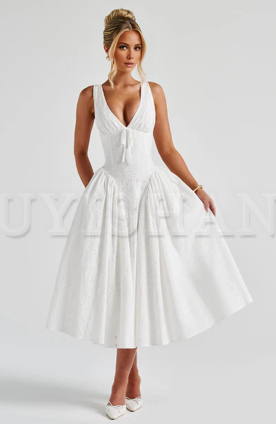 Buyishang Simple shoulder strap flower ivory dress custom cotton Madeira embroidered fabric dress