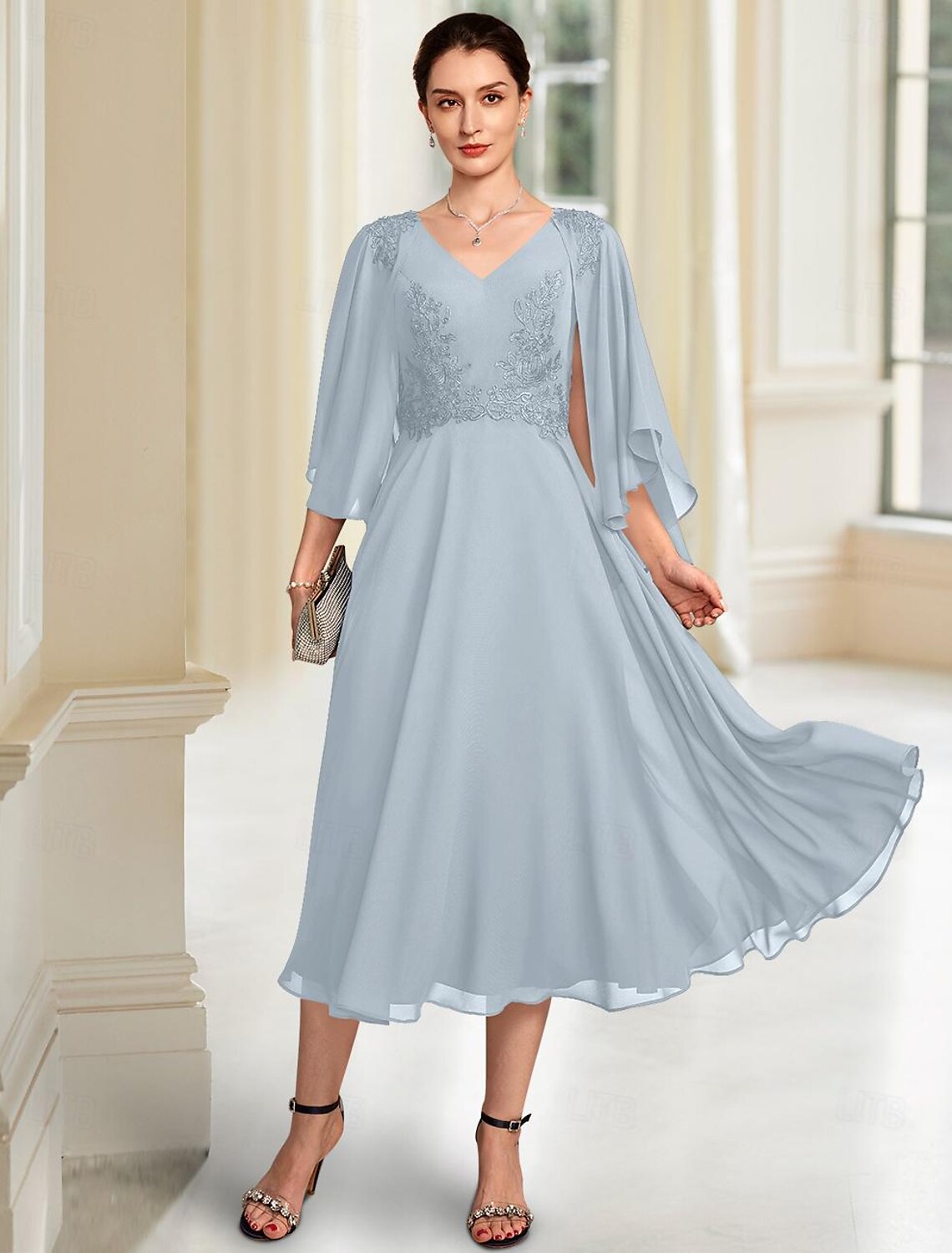 Buyishang A-Line Mother of the Bride Dress Elegant V Neck Tea Length Chiffon 3/4 Length Sleeve with Lace free custom size